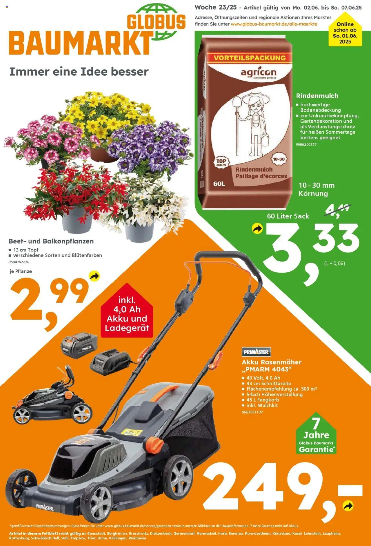 Globus Baumarkt Prospekt Königsbrunn (vom 01.06.2025 - 07.06.2025) - Rasenmäher, Rindenmulch, Ladegerät