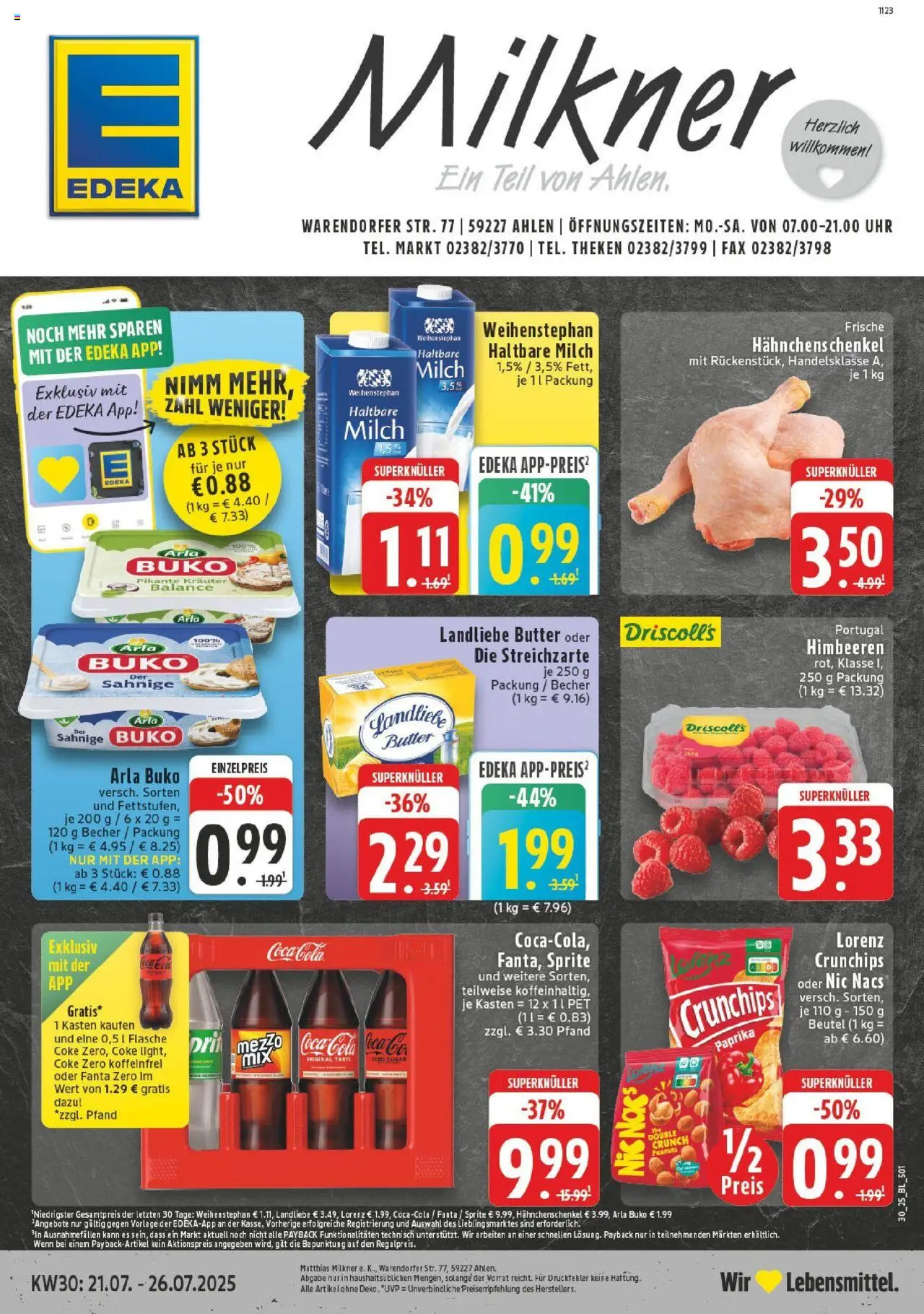 EDEKA Prospekt ab 20.07.2025 - Prospekt Ahlen Online - Uhr, Butter, Coca cola, Himbeeren, Milch, Hahnchenschenkel, Landliebe butter, Lorenz crunchips