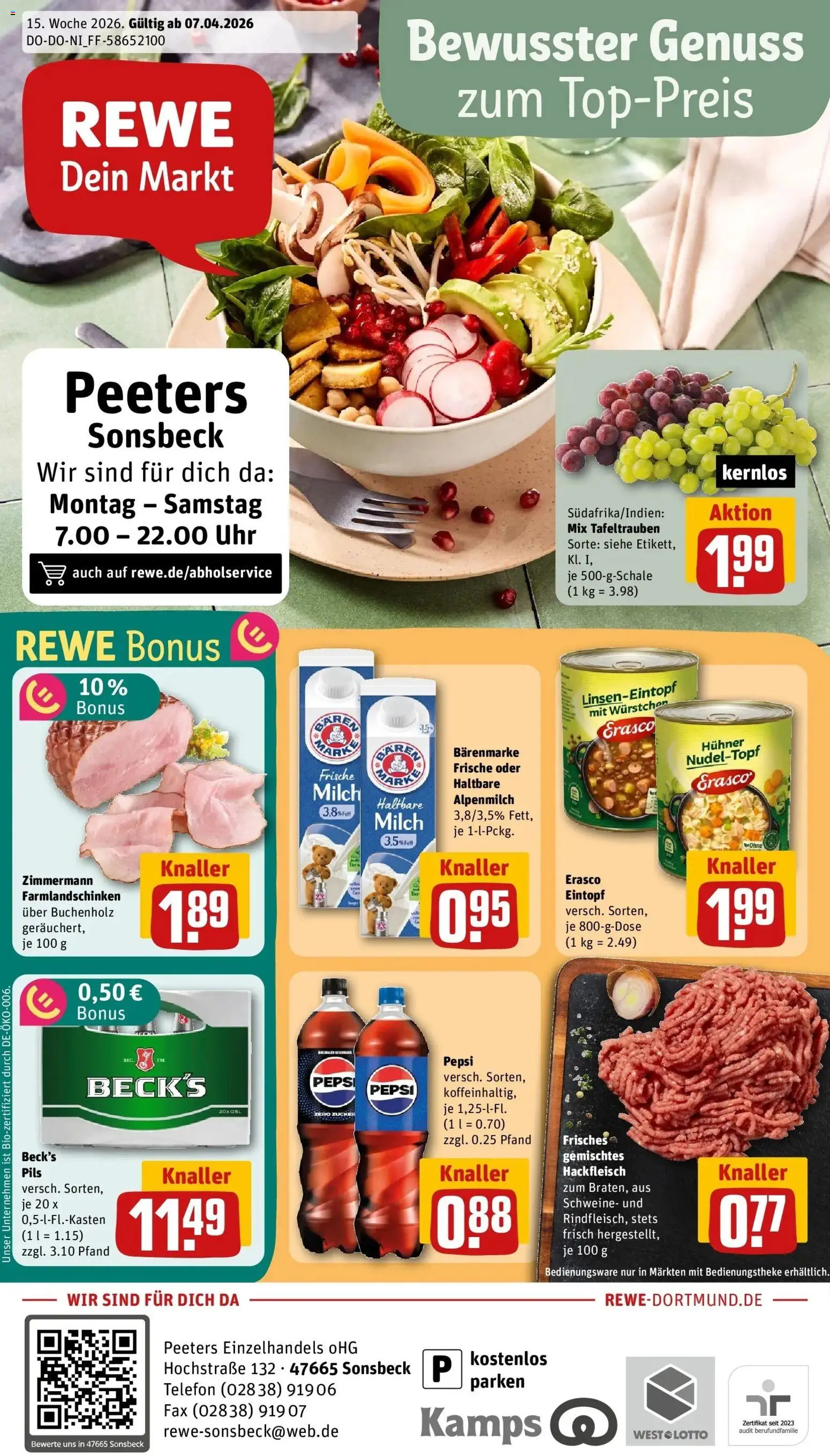 Vorschau von dem Prospekt des Geschäftes Rewe, gültig ab dem 05.04.2026 - Uhr, Telefon, Milch, Hackfleisch, Zucker, Pepsi, Pils, Erasco