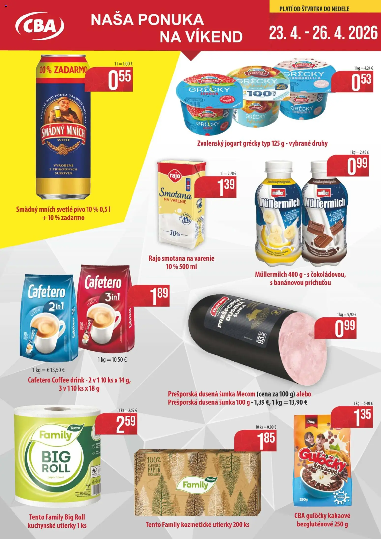 Náhľad Sintra letáku platného od 23.04.2026 - Pivo, Smotana na varenie, Jogurt, Šunka, Kuchynské utierky, Smotana, Utierky, Smädný Mních