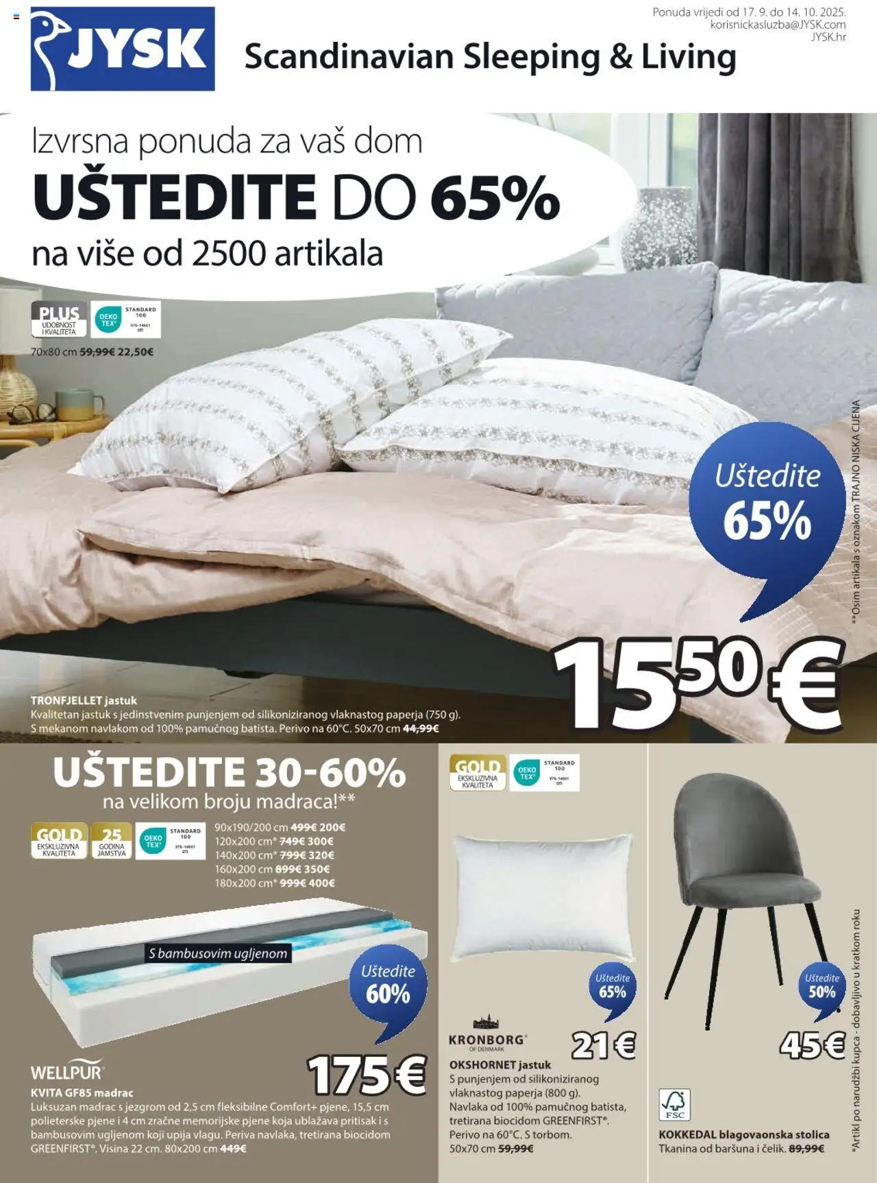 Pregled letka Katalog trgovine JYSK vrijedi od 17.09.2025 - Madrac, Jastuk, Stolica, Blagovaonska stolica