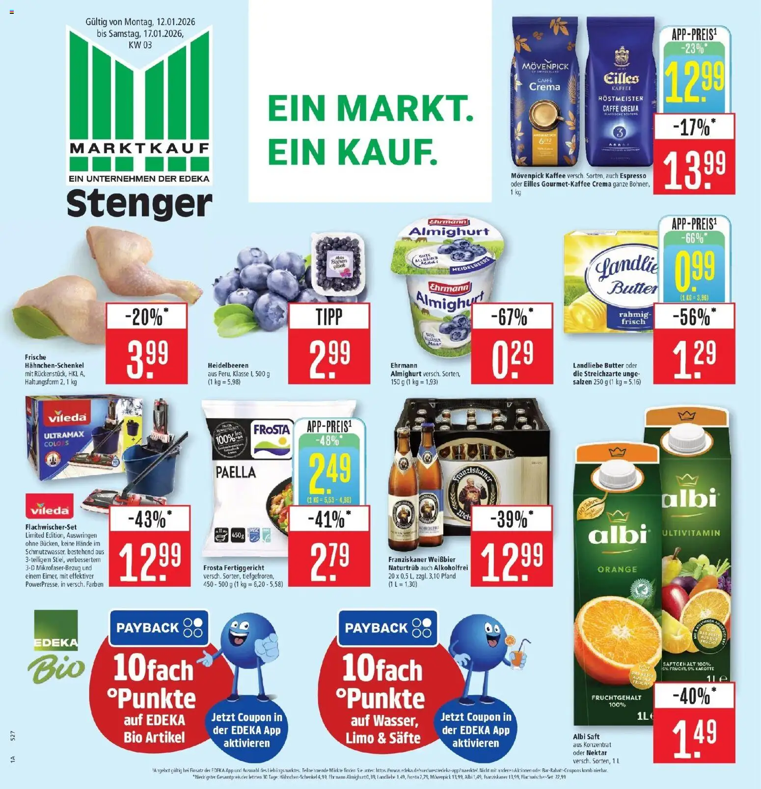 Vorschau von dem Prospekt des Geschäftes Marktkauf, gültig ab dem 11.01.2026 - Kaffee, Butter, Hahnchenschenkel, Franziskaner, Saft, Landliebe butter, Ehrmann almighurt, Movenpick kaffee
