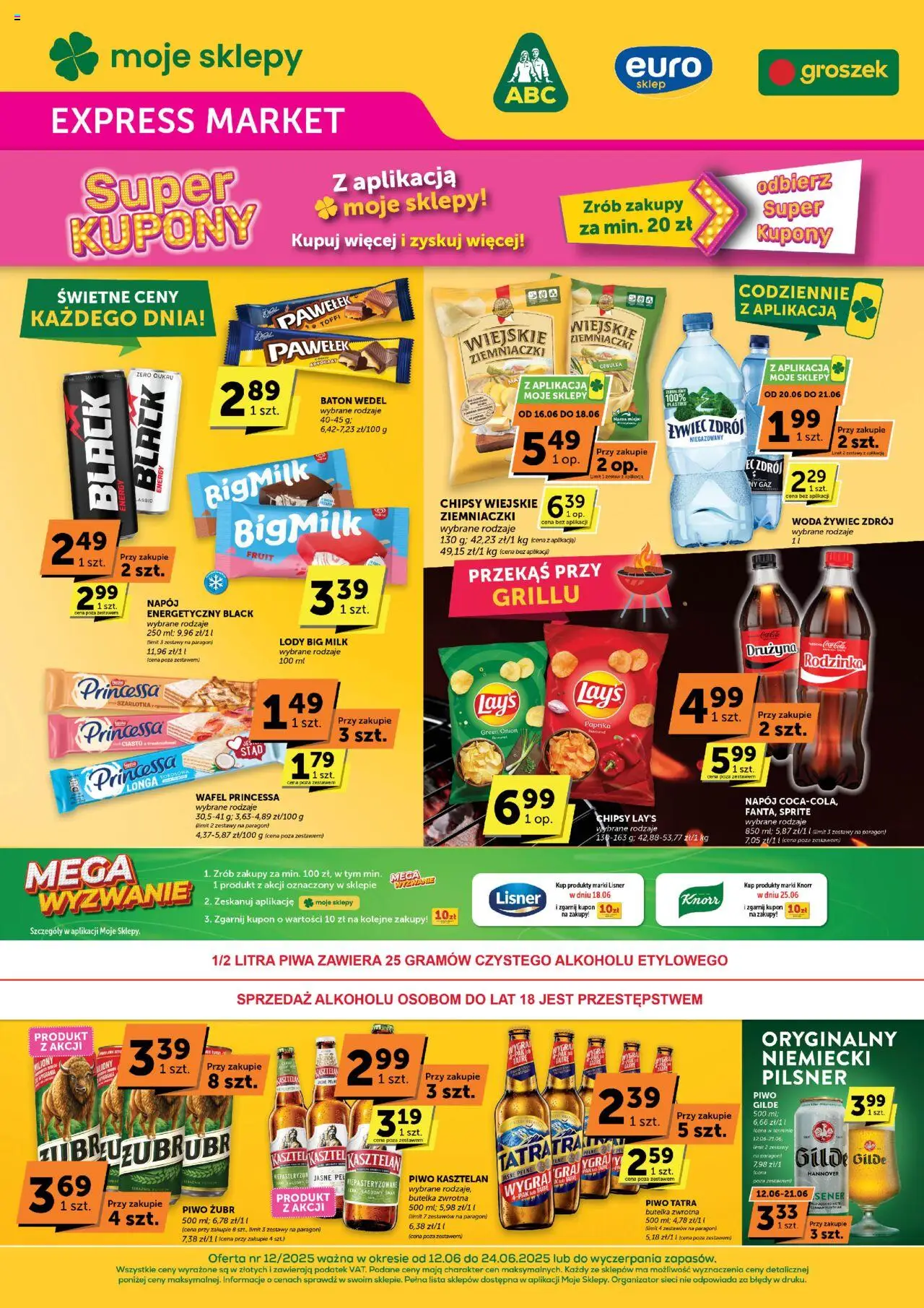 Groszek Expressmarket od 12.06.2025 - Nowa Gazetka - Numer strony 1 - Lody, Big Milk, Sprite, Ziemniaczki, Piwo żubr, Ciasto, Potato chips, Piwo kasztelan