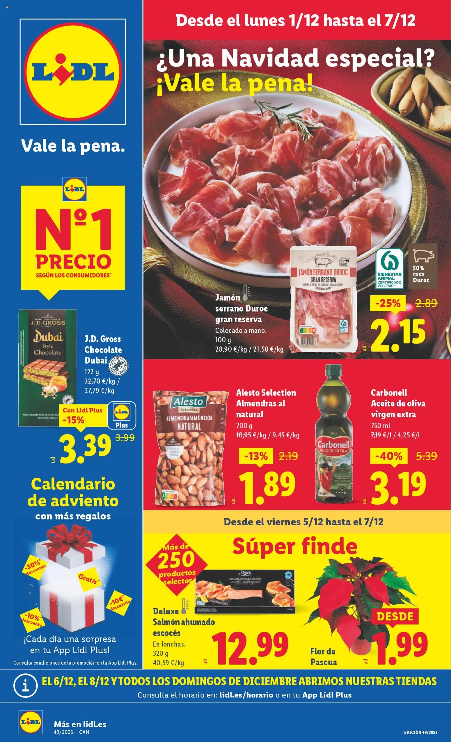 Vista previa del folleto de la tienda Lidl válido desde el 01/12/2025 - Aceite de oliva, Chocolate, Jamón, Calendario de Adviento, Jamón serrano, Aceite de oliva virgen extra, Salmón ahumado, Salmón