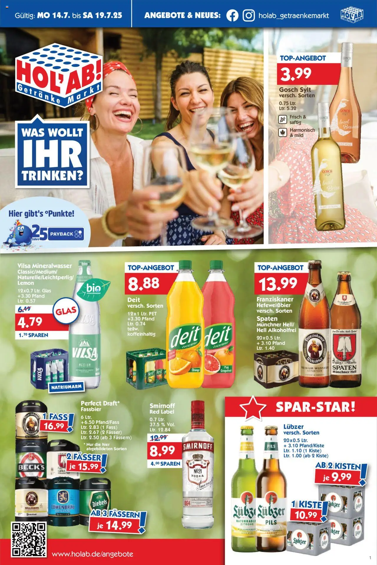 HOL’AB! Prospekt (vom 14.07.2025 - 19.07.2025) - Mineralwasser, Vodka, Zitrone, Franziskaner, Smirnoff, Pils, Lubzer, Diebels