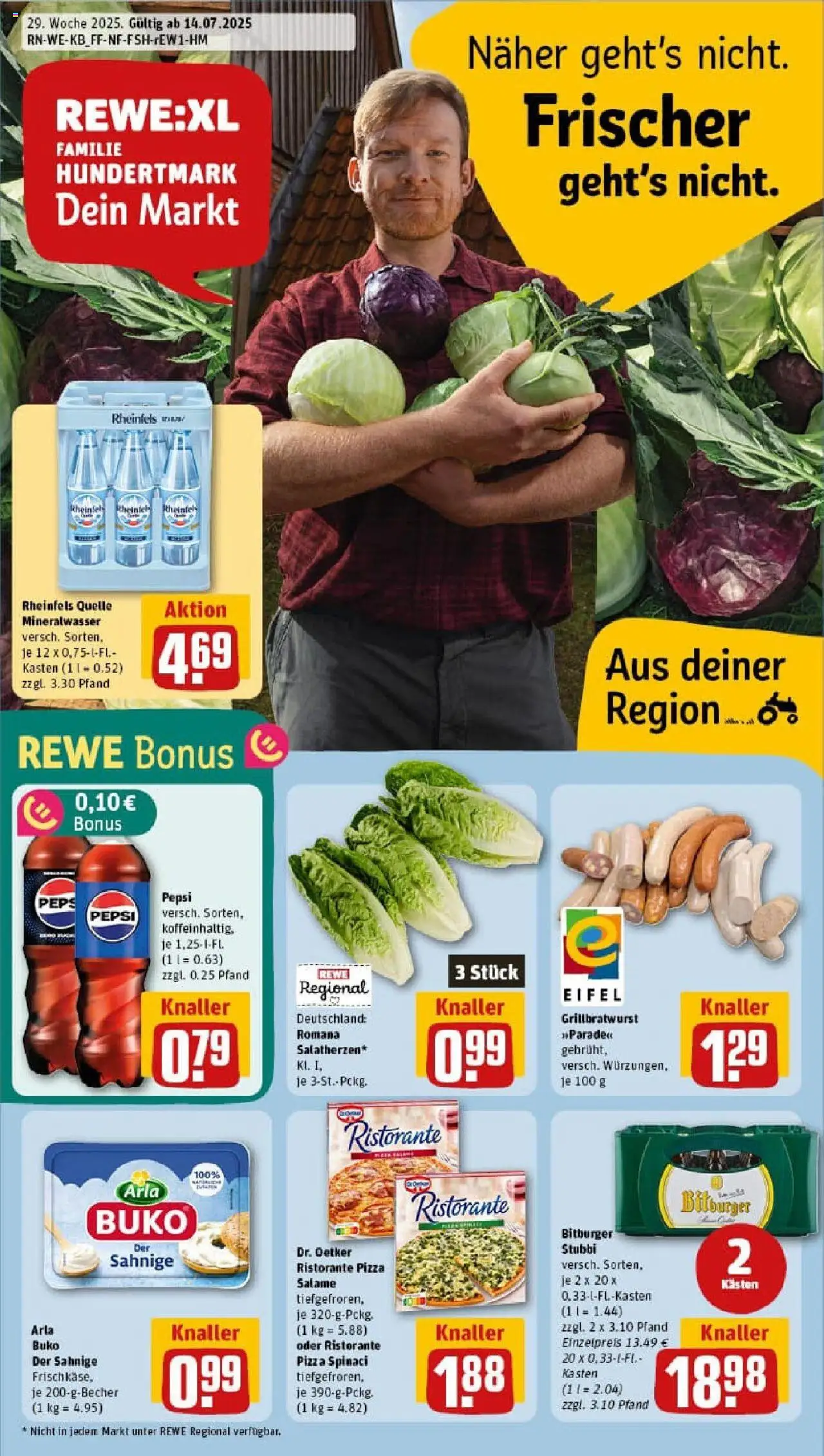 REWE Prospekt ab 13.07.2025 nächste Woche - Prospekt Emmelshausen - Pizza, Mineralwasser, Ristorante, Bitburger, Pepsi, Rheinfels quelle, Arla buko