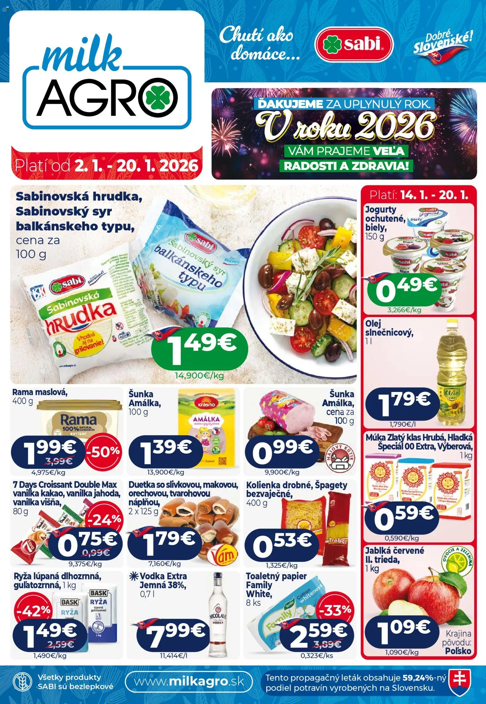 Náhľad Milk Agro letáku platného od 02.01.2026 - Syr, Olej, Croissant, Špagety, Toaletný papier, Vanilka, Jablká, Múka