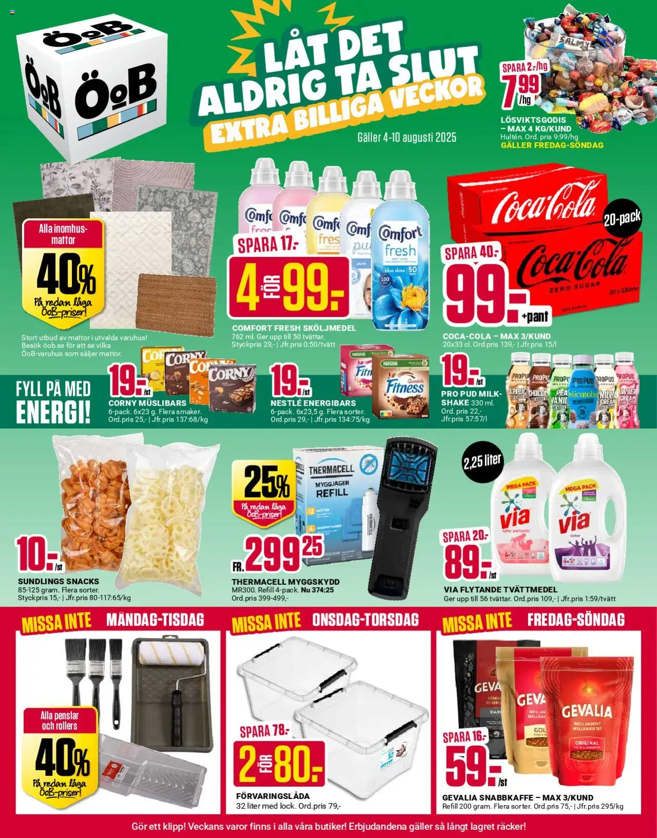 Aktuella reklamblad ÖoB är giltig 04/08 2025 > Veckans Erbjudanden gäller från 04/08/2025 till 10/08/2025 sidnummer 1 - Coca cola, Snacks, Tvättmedel, Sköljmedel, Galler, Förvaringslåda, Snabbkaffe, Puré