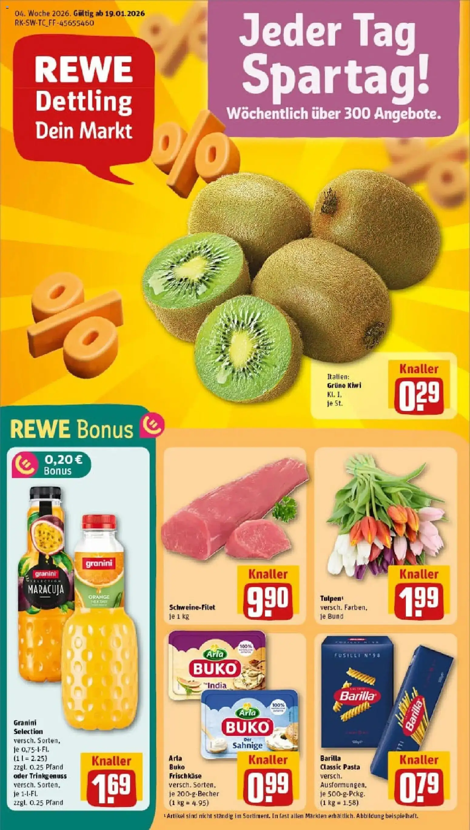 Vorschau von dem Prospekt des Geschäftes Rewe, gültig ab dem 18.01.2026 - Pasta, Kiwi, Schweinefilet, Barilla, Granini, Arla buko, Frischkase