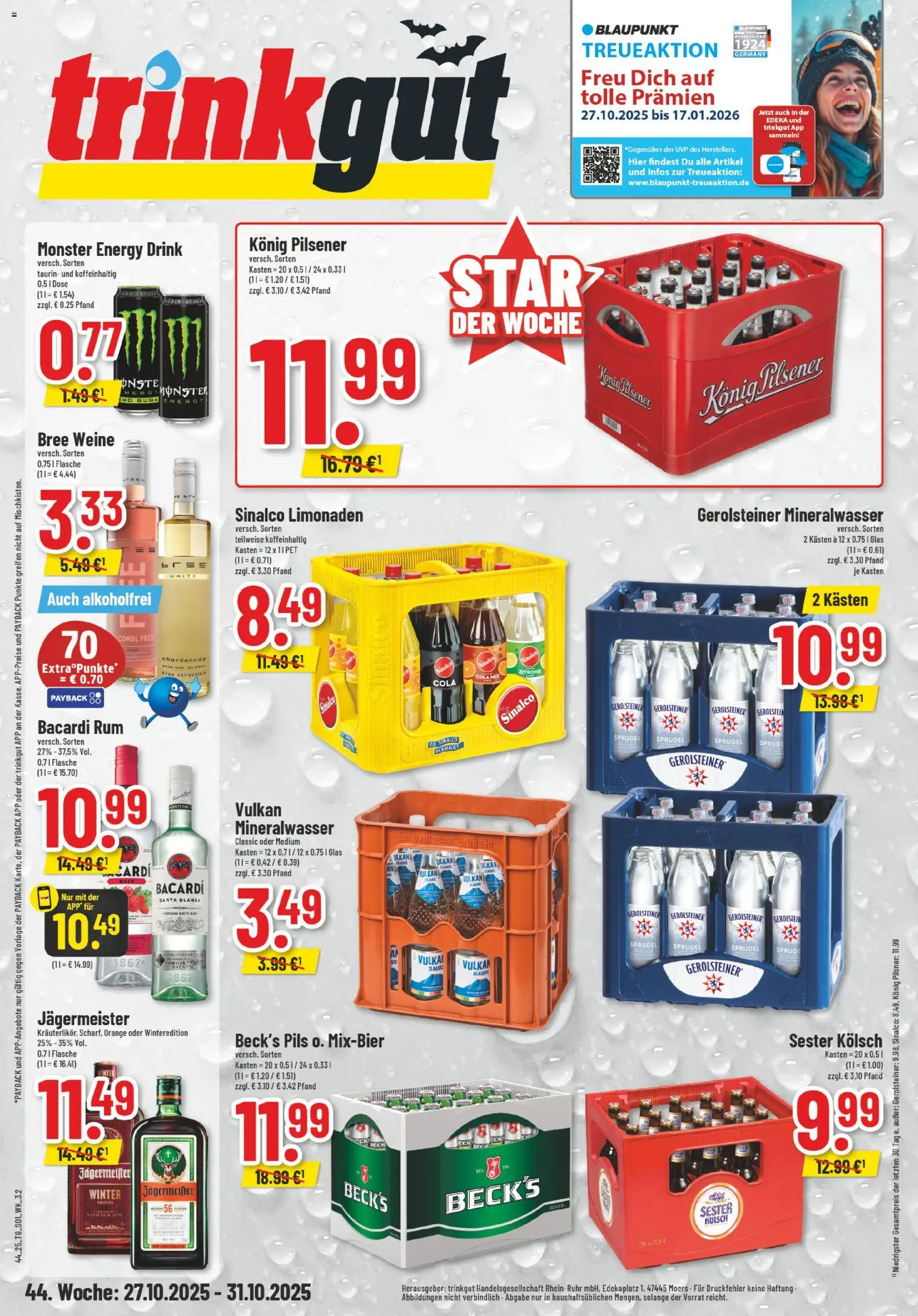 Trinkgut Prospekt ab 27.10.2025 > Angebote ab Montag - Jägermeister, Mineralwasser, Gerolsteiner, Bacardi, Rum, Zitrone, Sinalco, Pils