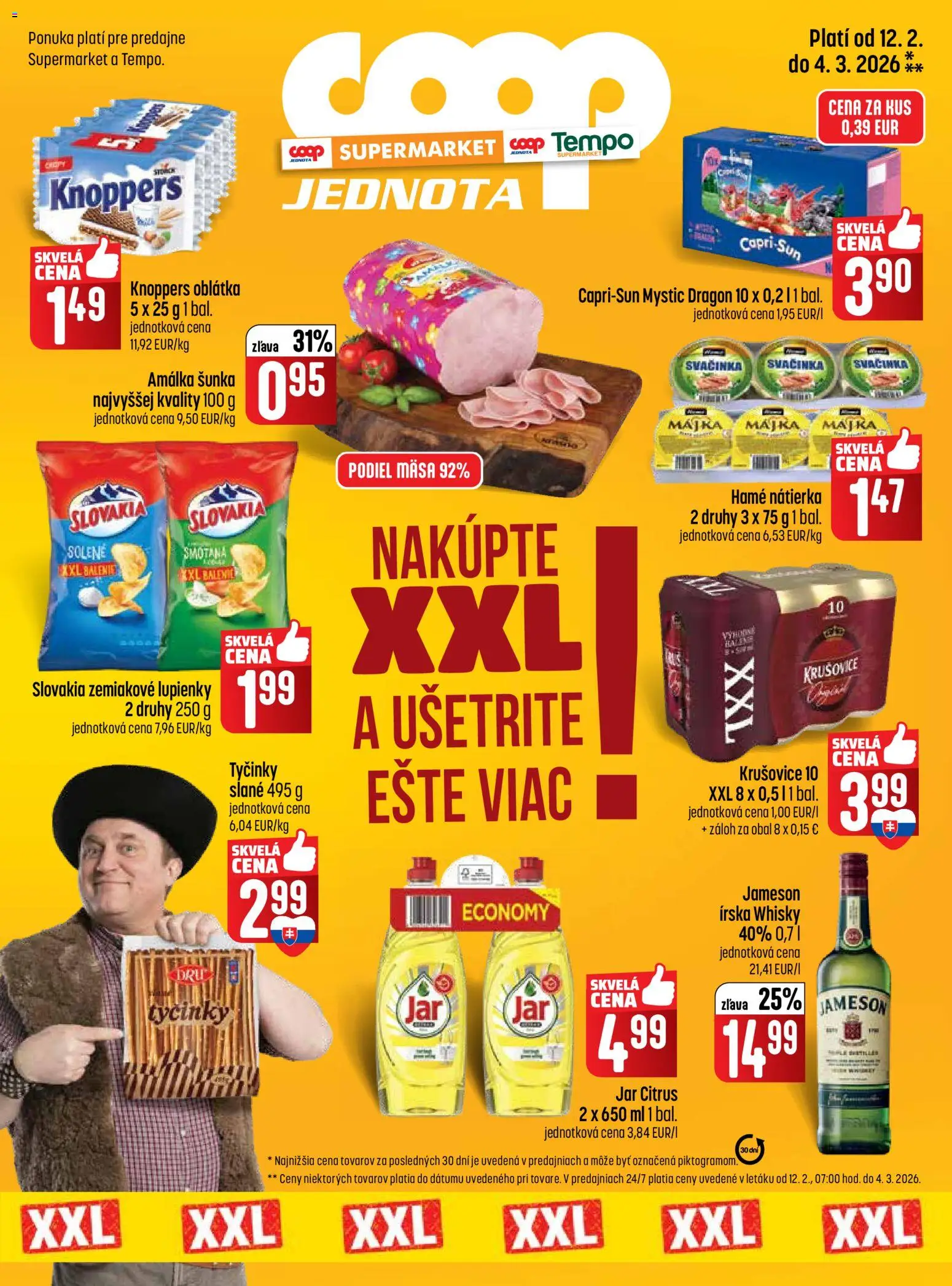 Náhľad COOP Jednota letáku platného od 12.02.2026 - Jar, Whisky, Jameson, Šunka, Krušovice, Smotana, Nátierka, Írska whisky