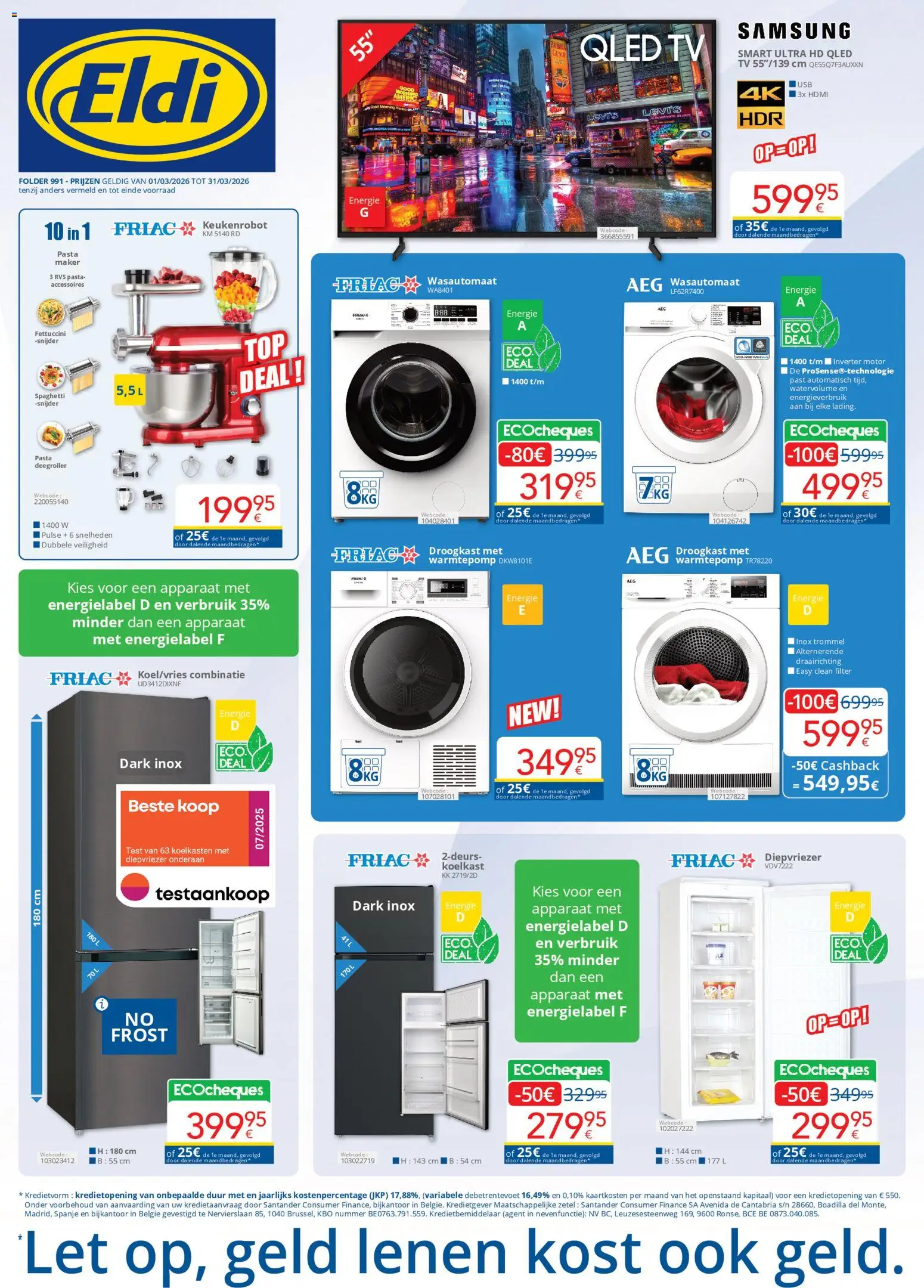 Voorbeeld van Eldi Folder van winkel Eldi geldig vanaf 01/03/2026 - Pasta, Tv, Spaghetti, Koelkast, Keukenrobot, Snijder