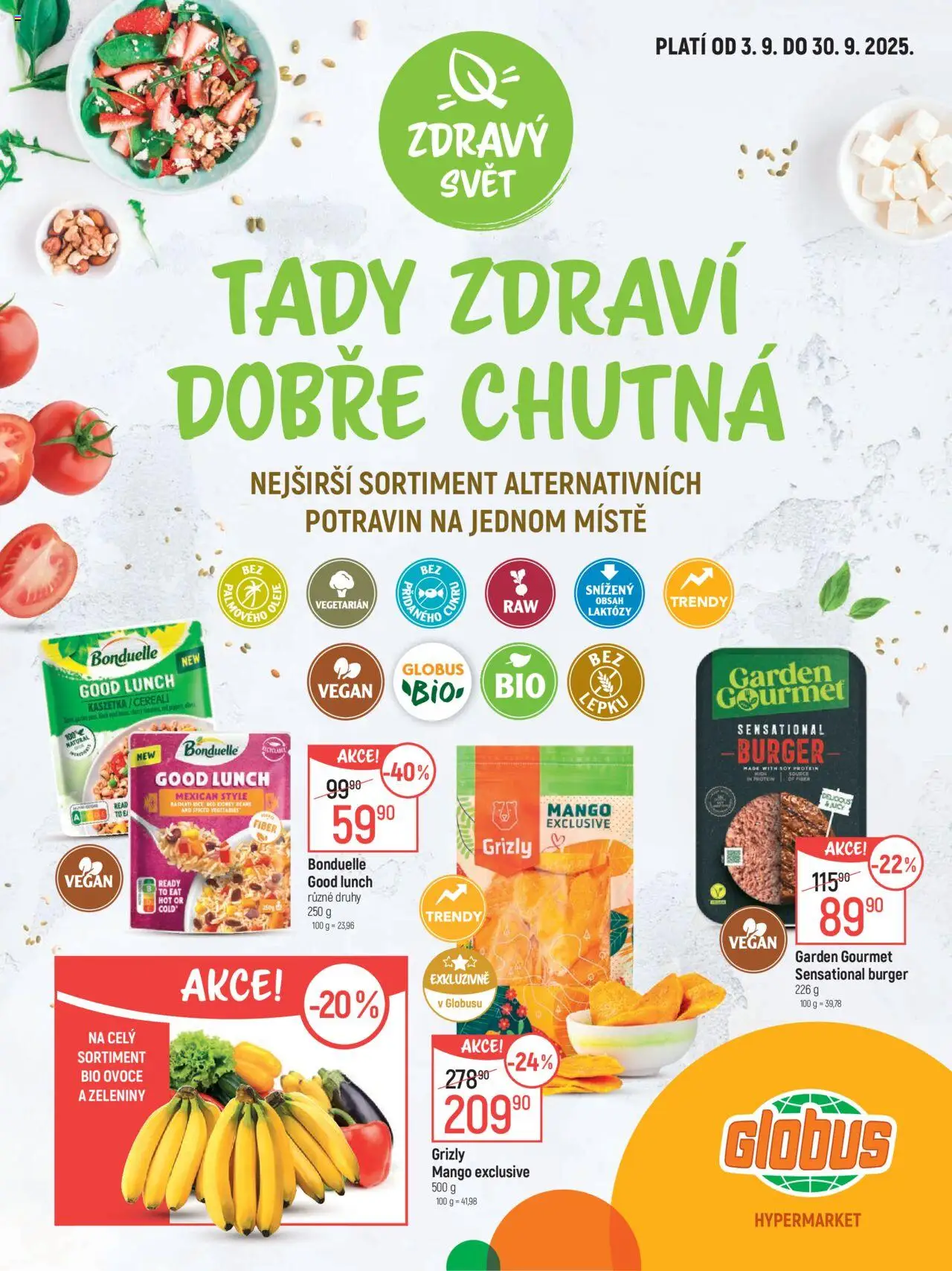  Globus leták od 03.09.2025 >> Akční nabídka "Leták - Zdravý svět" - Globus, Mango, Burger, Protein, Vegan, Oleje, Gourmet, Basmati