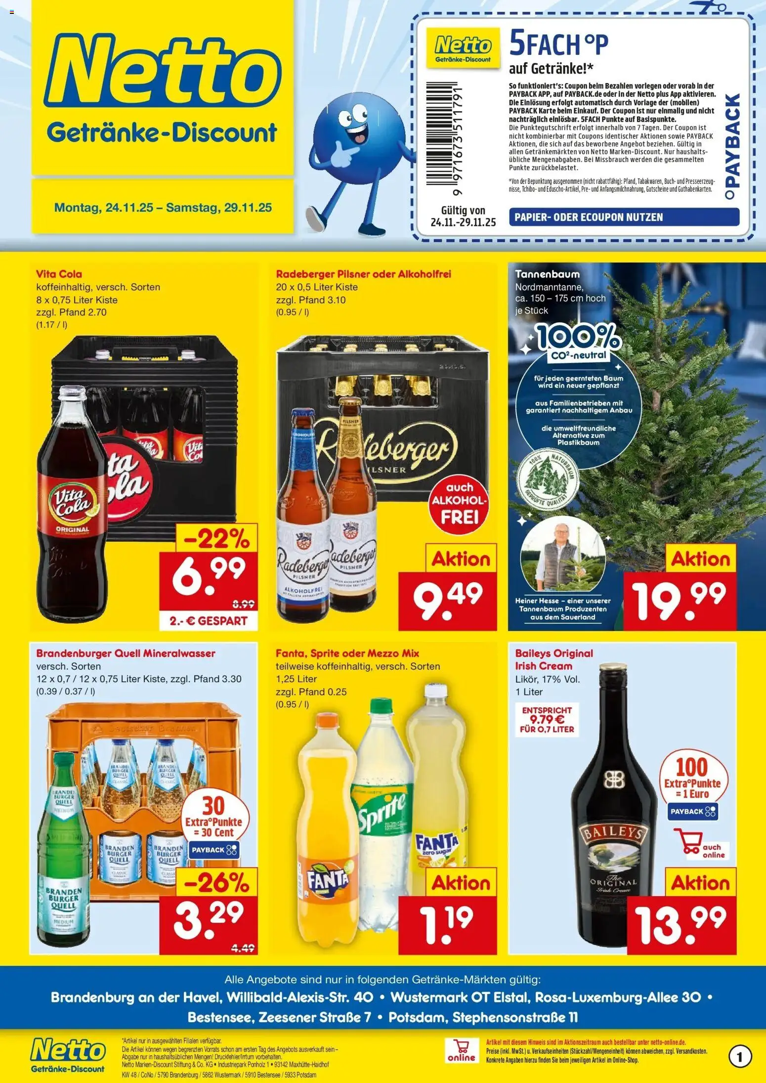 Vorschau von dem Prospekt des Geschäftes Netto Marken-Discount, gültig ab dem 24.11.2025 - Burger, Cola, Alkohol, Baileys, Fanta, Vita cola, Radeberger pilsner, Oder mezzo mix