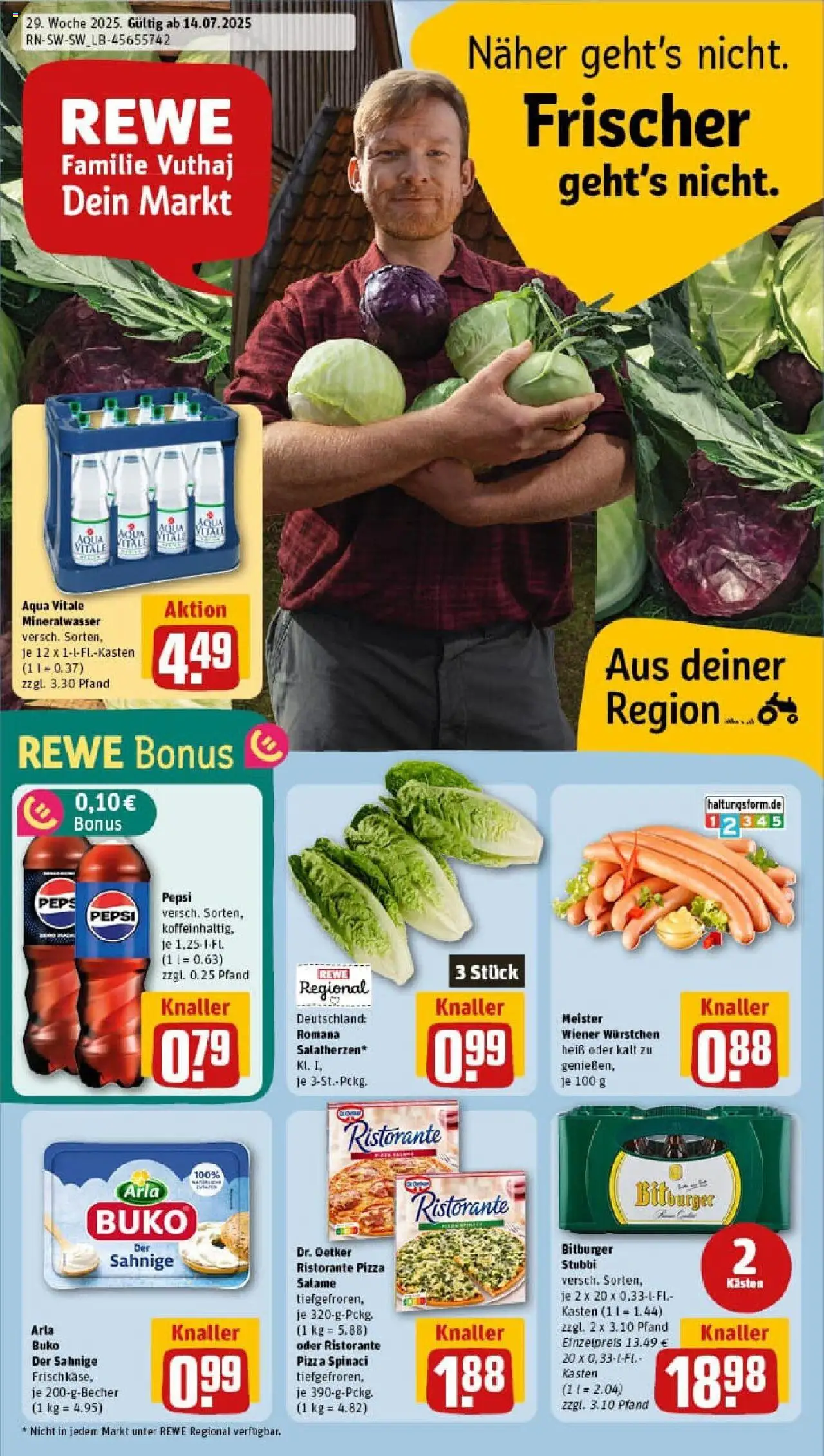 REWE Prospekt ab 13.07.2025 nächste Woche - Prospekt Ilvesheim - Pizza, Burger, Mineralwasser, Ristorante, Bitburger, Pepsi, Arla buko, Wiener wurstchen