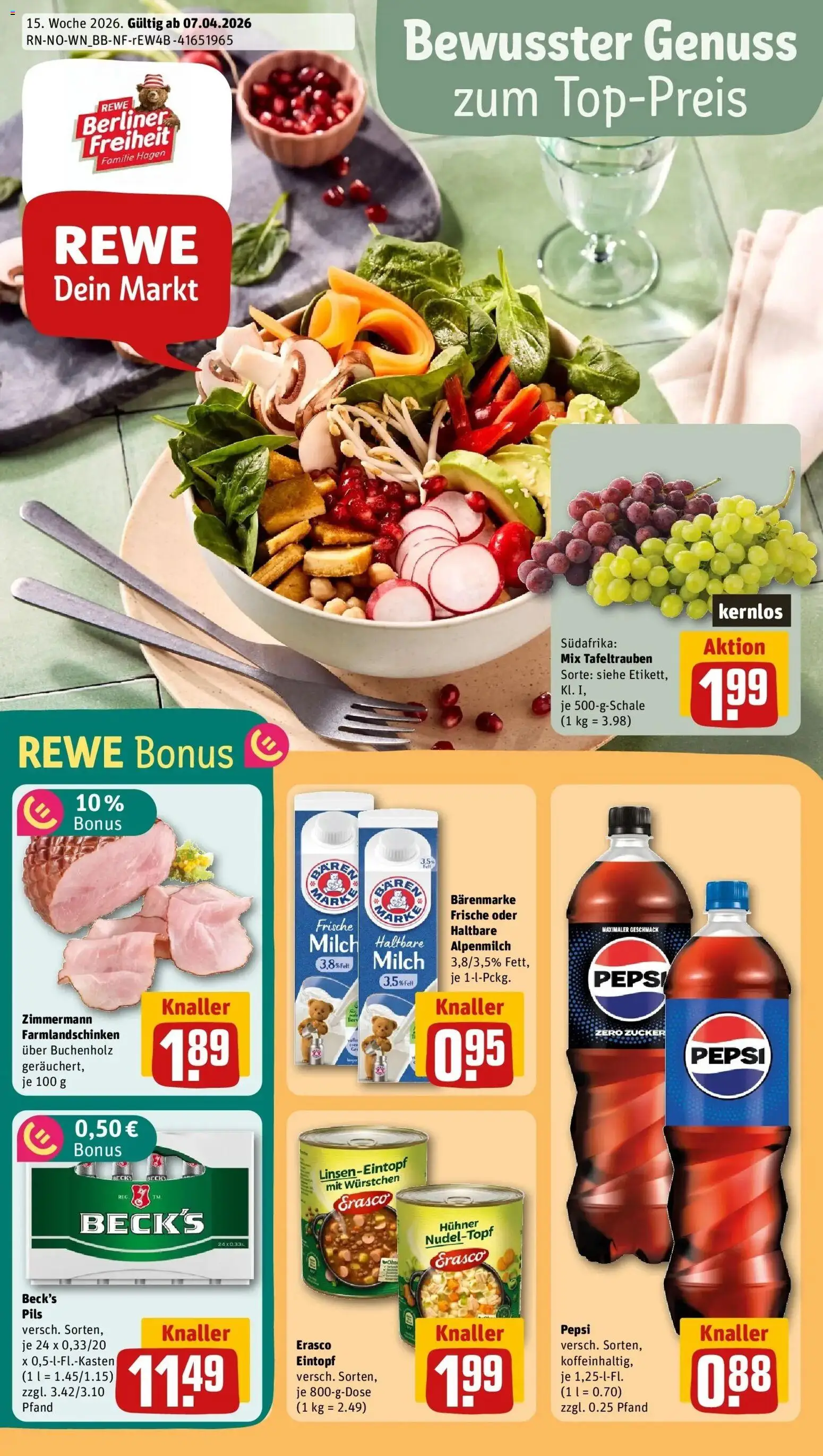 Vorschau von dem Prospekt des Geschäftes Rewe, gültig ab dem 05.04.2026 - Cola, Milch, Berliner, Zucker, Pepsi, Haltbare milch, Pils, Erasco