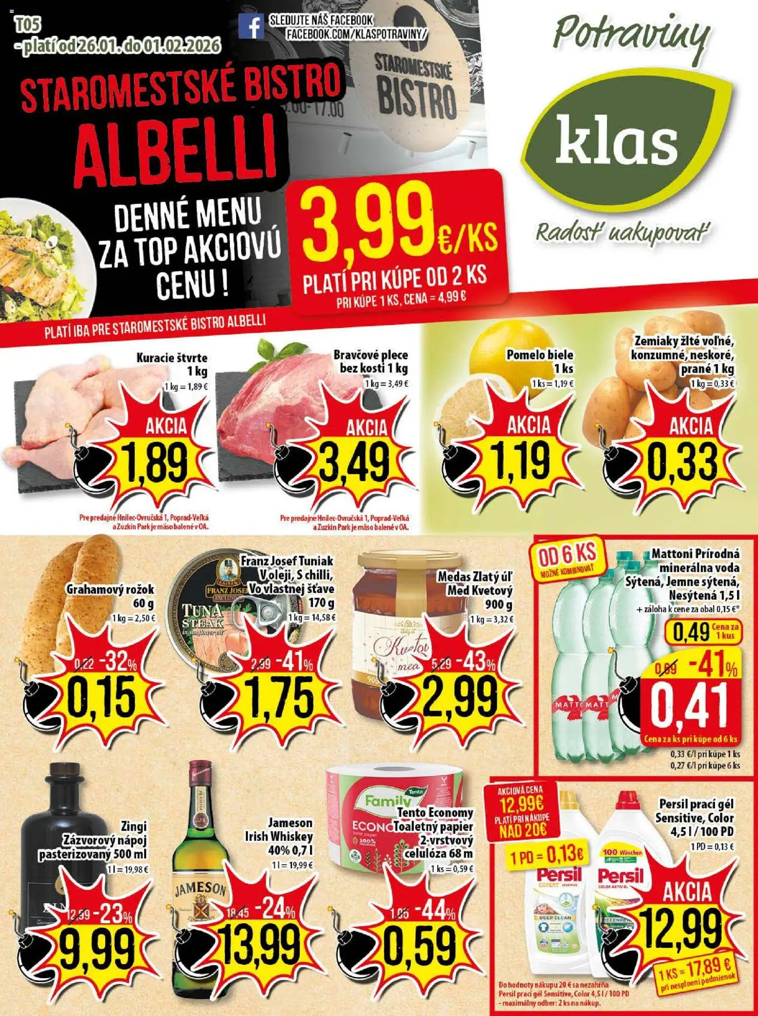 Náhľad Klas letáku platného od 26.01.2026 - Med, Voda, Steak, Jameson, Tuniak, Zemiaky, Mattoni, Bravčové plece