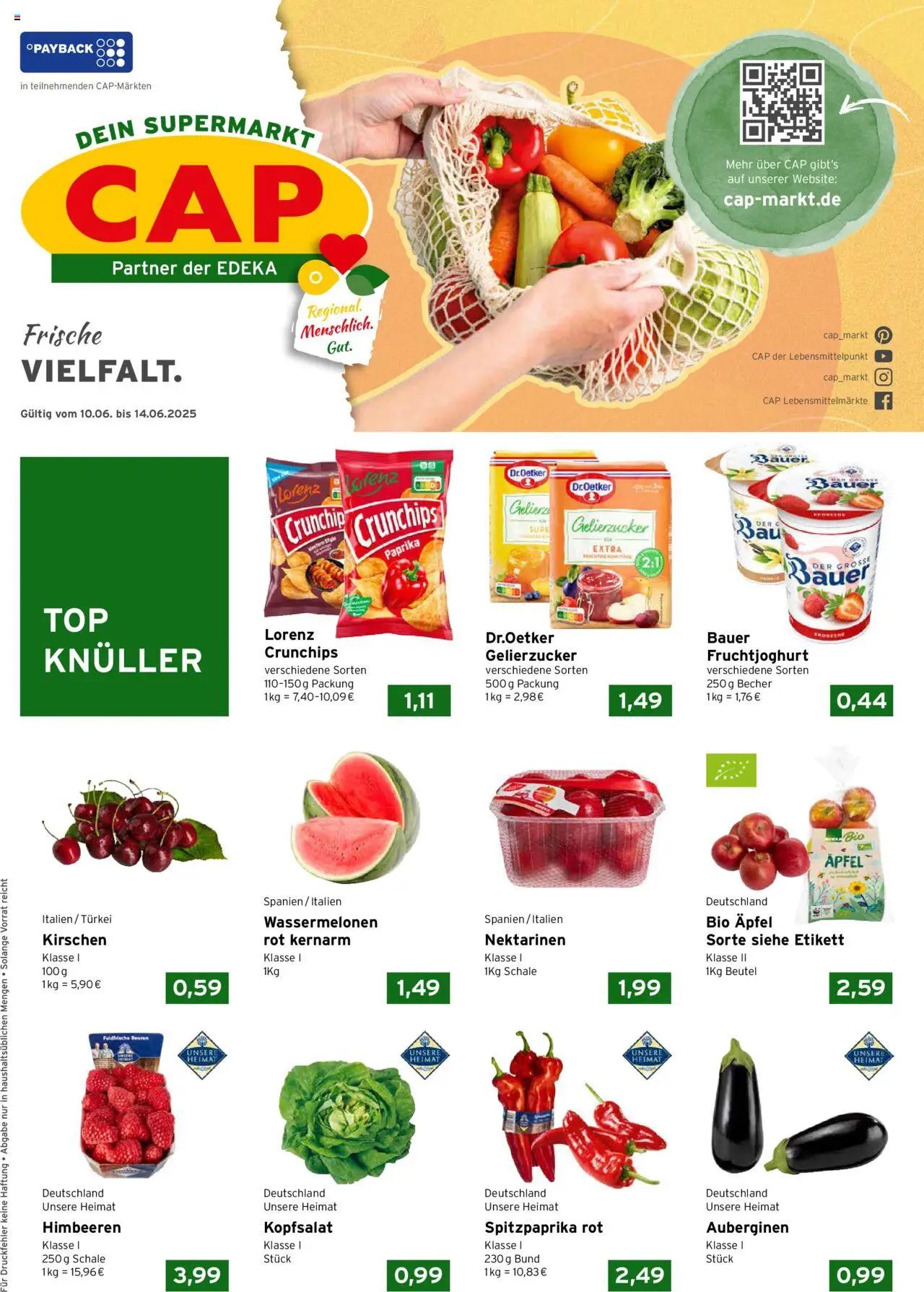 CAP Markt Prospekt (vom 10.06.2025 - 14.06.2025) - Äpfel, Chips, Nektarinen, Fruchtjoghurt, Paprika, Himbeeren, Gelierzucker, Lorenz crunchips