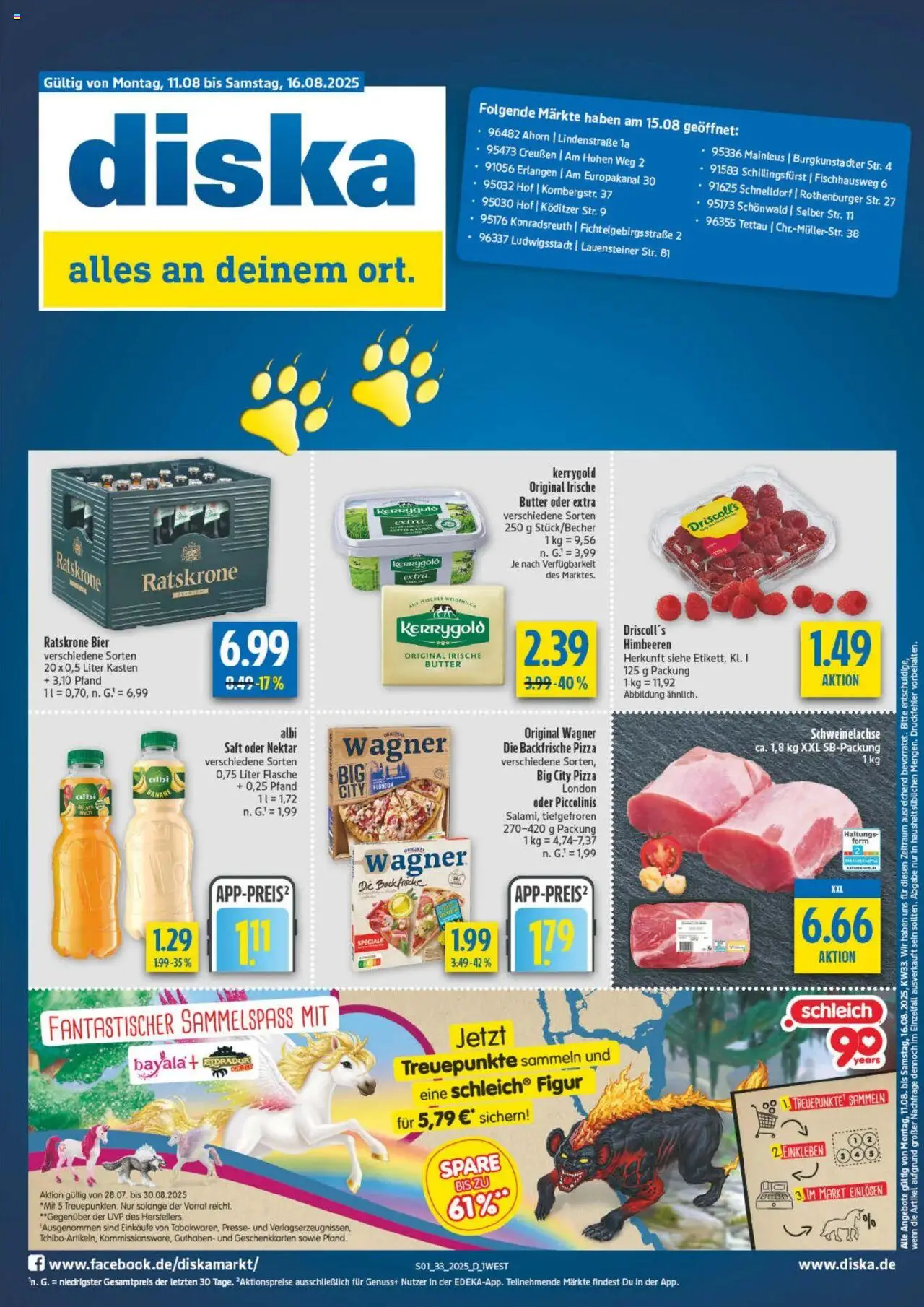 Diska Bayern (vom 11.08.2025 - 16.08.2025) - Pizza, Butter, Bier, Himbeeren, Piccolinis, Presse, Saft