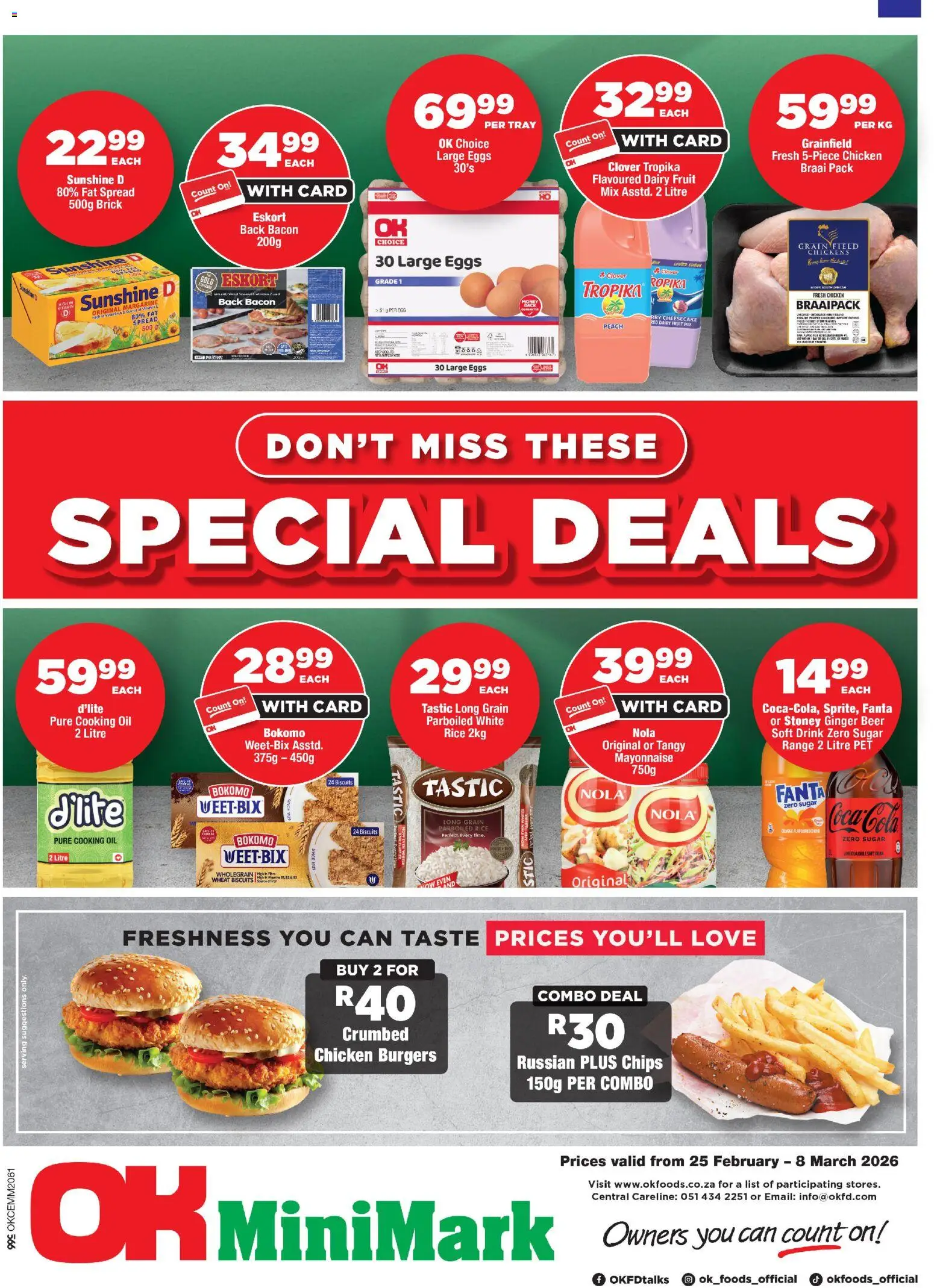 Preview of OK Foods flyer valid from 25/02/2026 - Chicken, Eggs, Fruit, Beer, Mayonnaise, Bacon, Spread, Fat spread