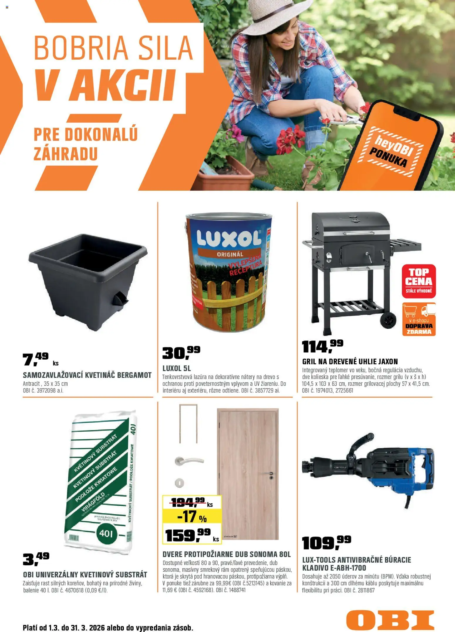 Náhľad OBI letáku platného od 01.03.2026 - Dlažba, Svetlo, Kosačka, Kôš, Aku