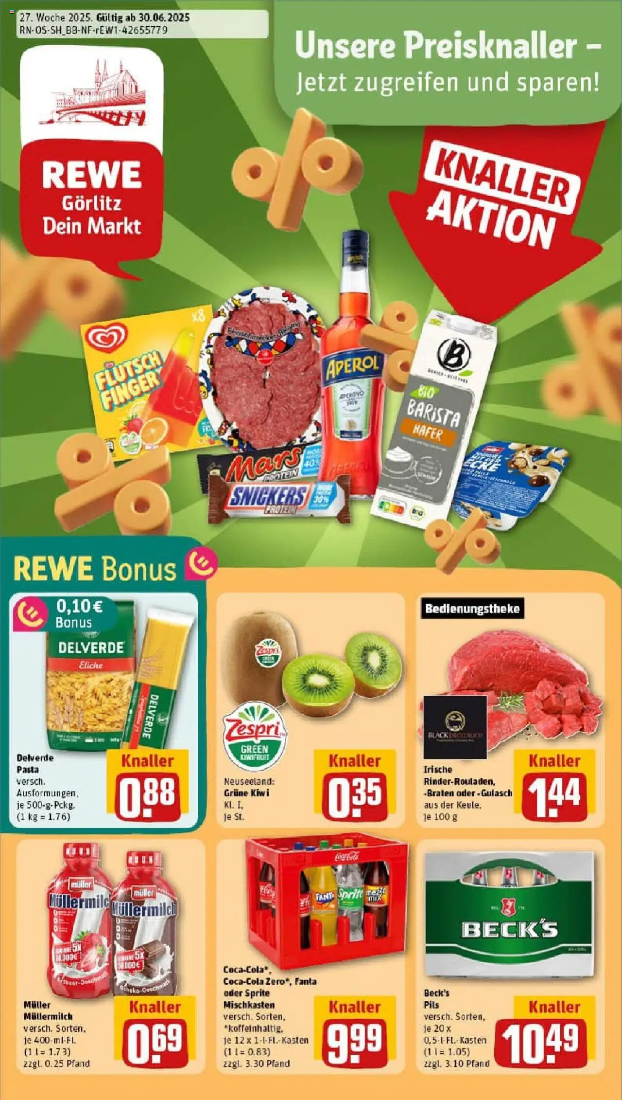 REWE Prospekt ab 29.06.2025 nächste Woche - Prospekt Görlitz / Rauschwalde - Pasta, Kiwi, Mars, Snickers, Fanta, Müllermilch, Pils, Muller mullermilch