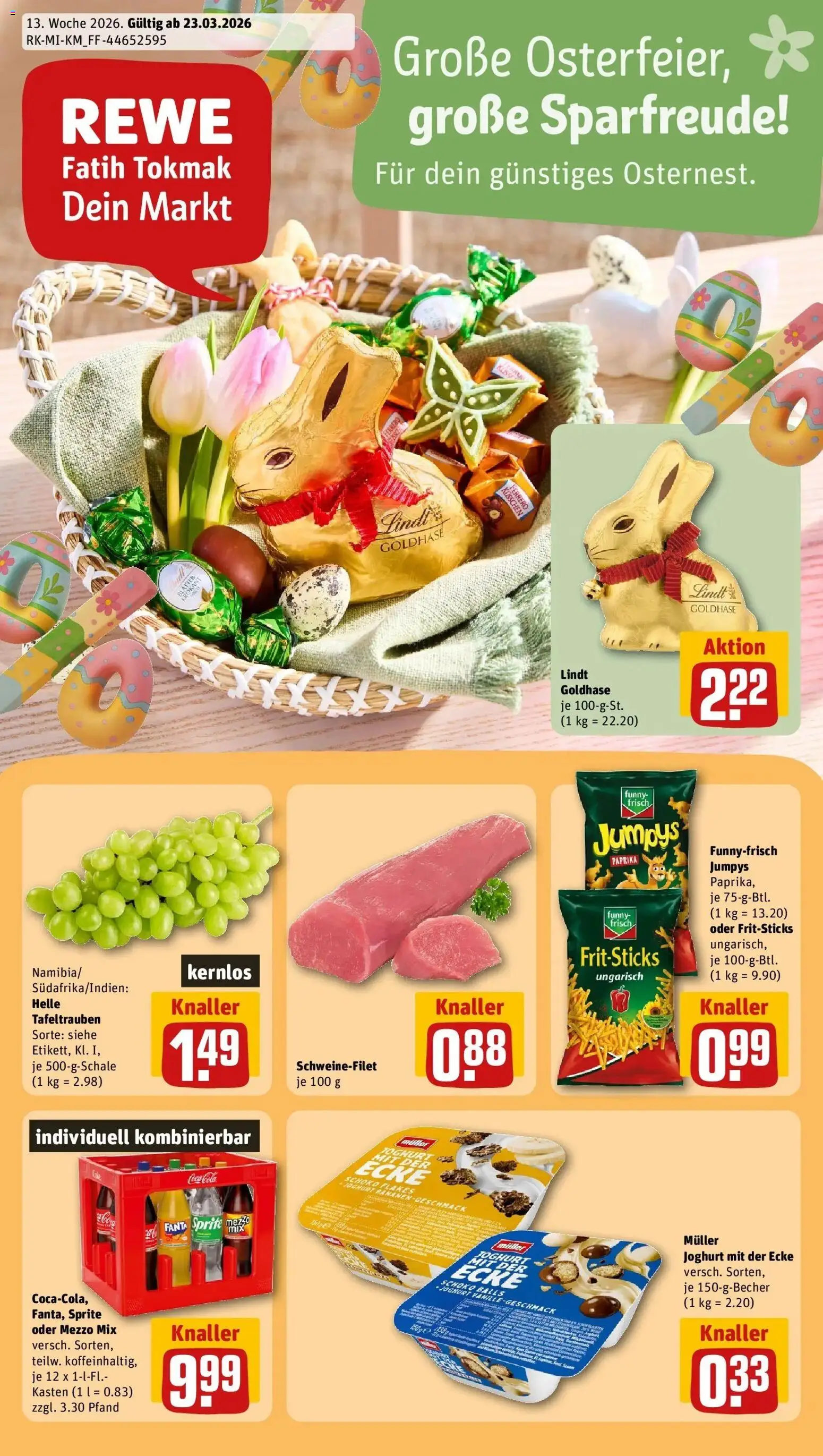 Vorschau von dem Prospekt des Geschäftes Rewe, gültig ab dem 23.03.2026 - Chips, Lindt, Joghurt, Paprika, Schweinefilet, Fanta, Mezzo mix, Oder mezzo mix