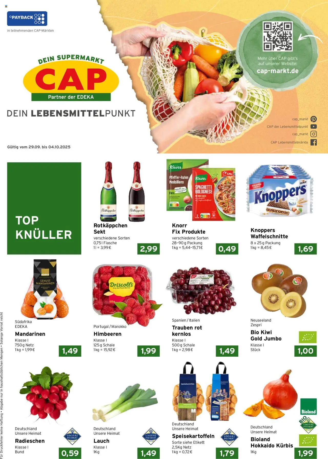 CAP Markt Prospekt (vom 29.09.2025 - 04.10.2025) - Kiwi, Spaghetti, Himbeeren, Rotkäppchen, Lauch, Trauben, Sekt, Knorr