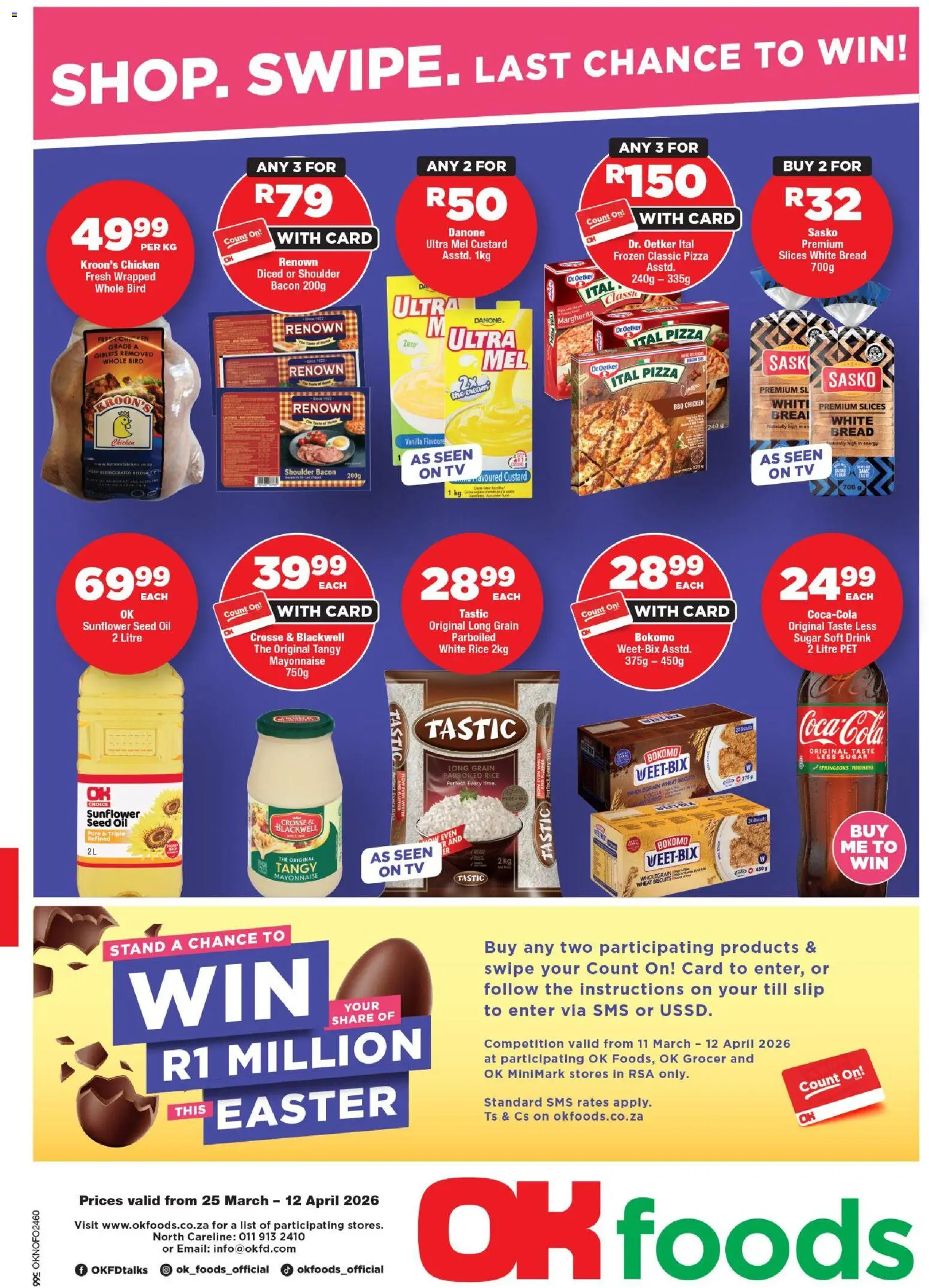 Preview of OK Foods flyer valid from 25/03/2026 - Pizza, TV, Oil, Bread, Biscuits, Sugar, Custard, Vanilla
