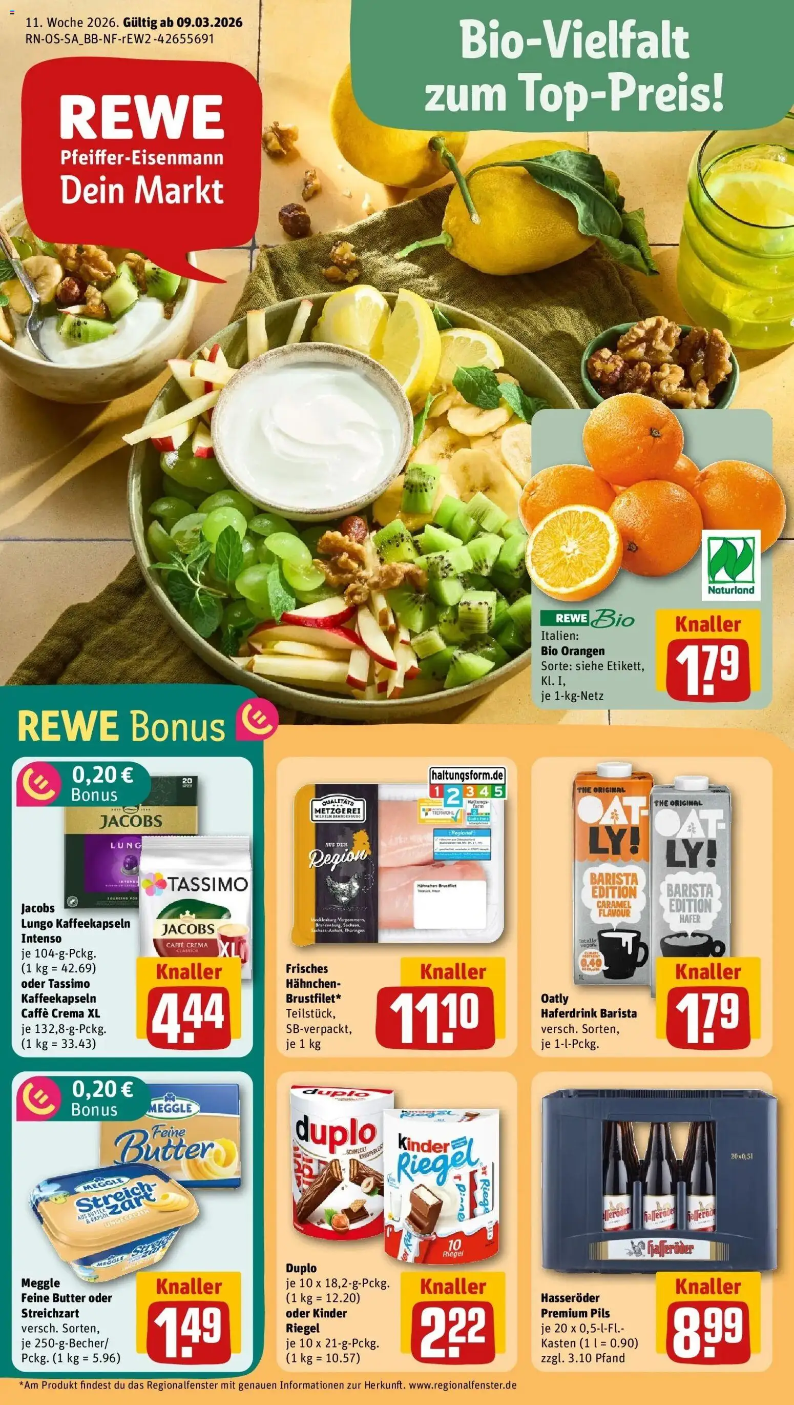 Vorschau von dem Prospekt des Geschäftes Rewe, gültig ab dem 09.03.2026 - Butter, Tassimo, Oatly, Hasseröder, Pils, Haferdrink, Hahnchen, Kinder riegel