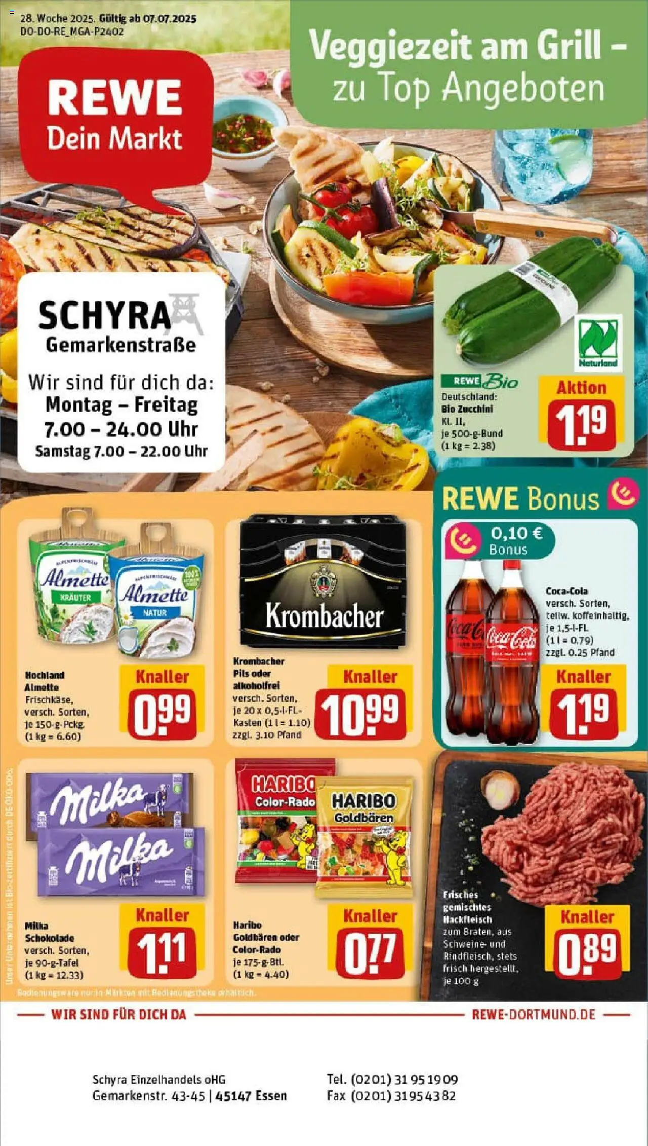 REWE Prospekt ab 06.07.2025 nächste Woche - Prospekt Essen - Schokolade, Zucchini, Cola, Top, Milka schokolade, Hackfleisch, Theke, Pils