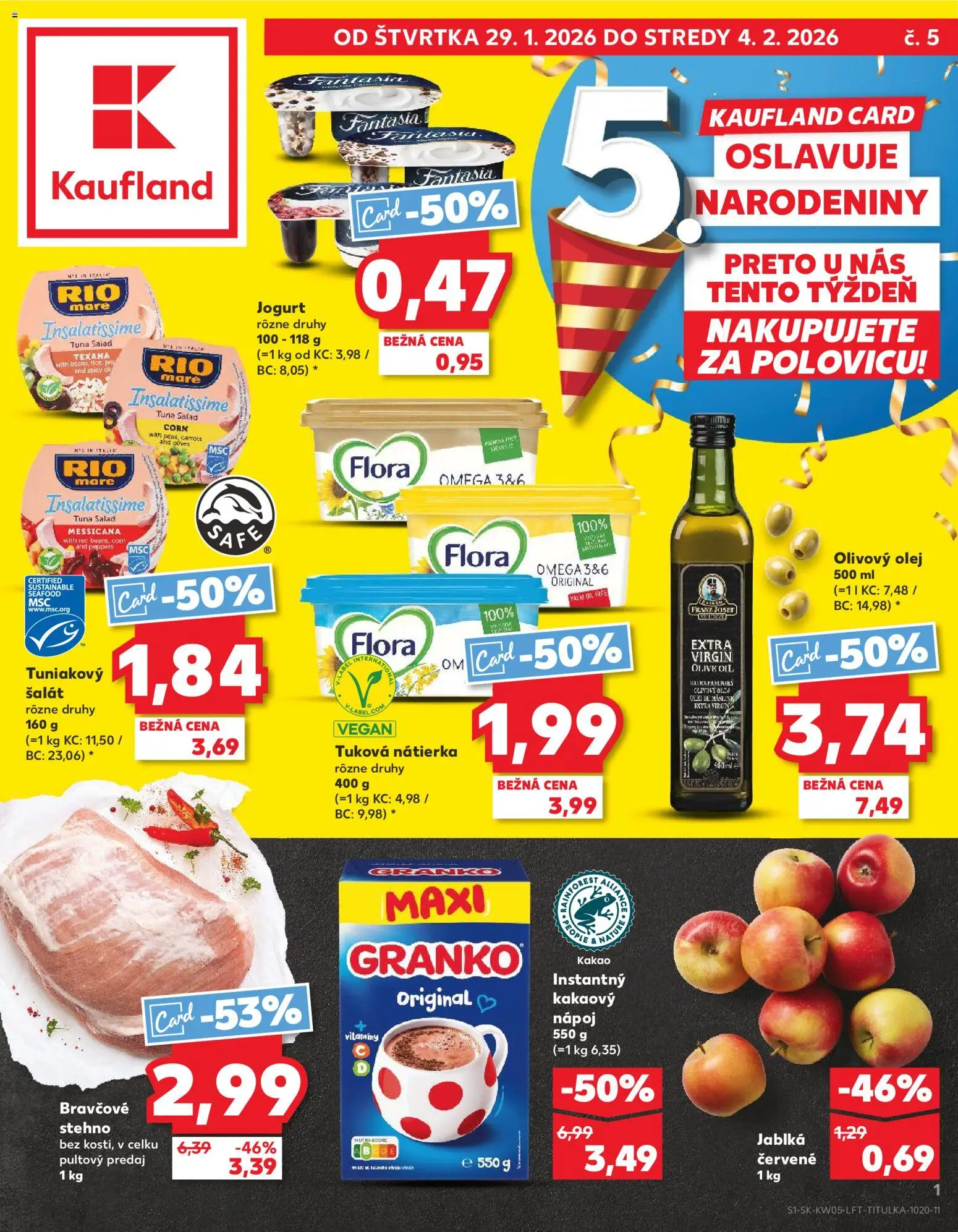 Náhľad Kaufland letáku platného od 29.01.2026 - Olej, Šalát, Olivový olej, Kakao, Granko, Jablká, Nátierka, Rio Mare