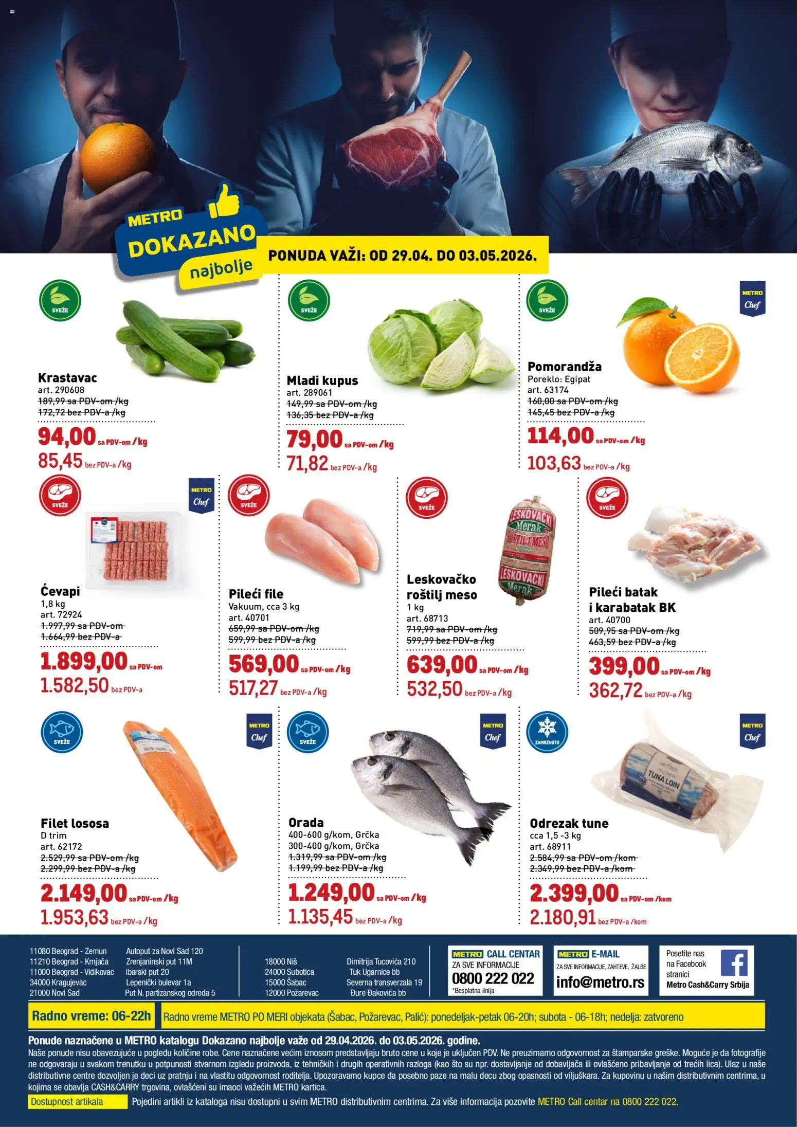 Pregled Metro kataloga - važi od 29.04.2026 - Orada, Kupus, Tuna, Pomorandza, Pileći file, Odrezak, Pileći batak, Filet