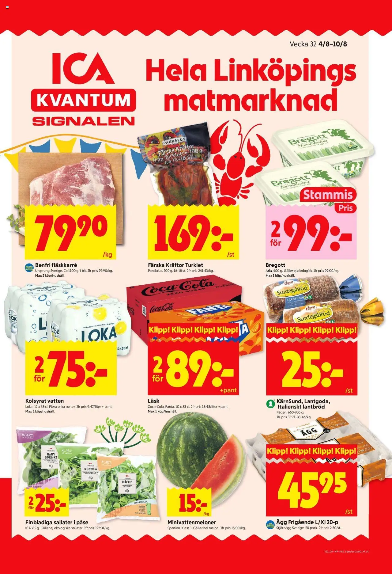 Linköping är giltig 04/08 2025 > Veckans Erbjudanden gäller från 04/08/2025 till 10/08/2025 sidnummer 1 - Vatten, Ägg, Kräftor, Bregott, Galler, Spenat, Lantbröd, Fläskkarré