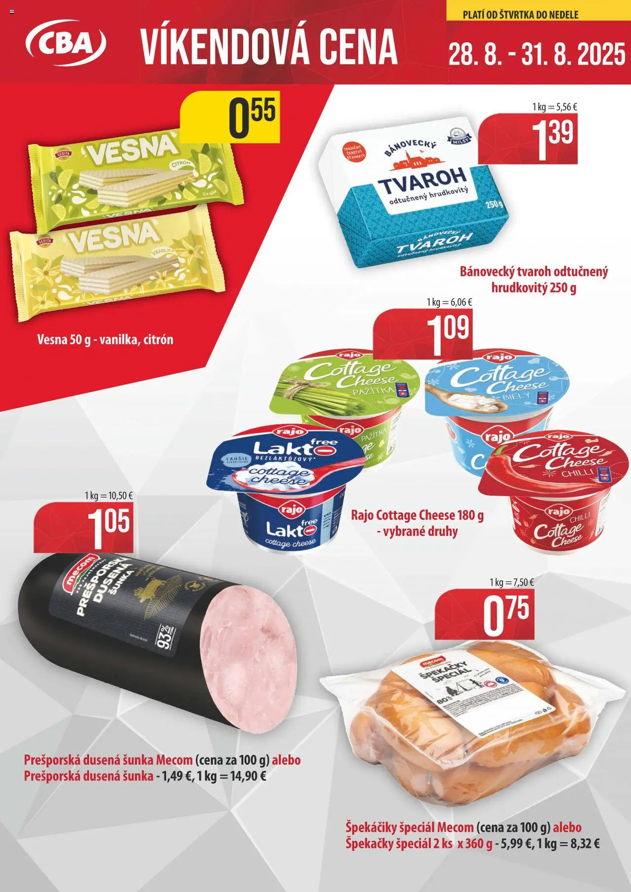 CBA Komfos Výhodná ponuka (28.08. - 31.08.2025) - Akčná ponuka - Tvaroh, Chilli, Šunka, Vanilka, Pažítka, Špekáčiky