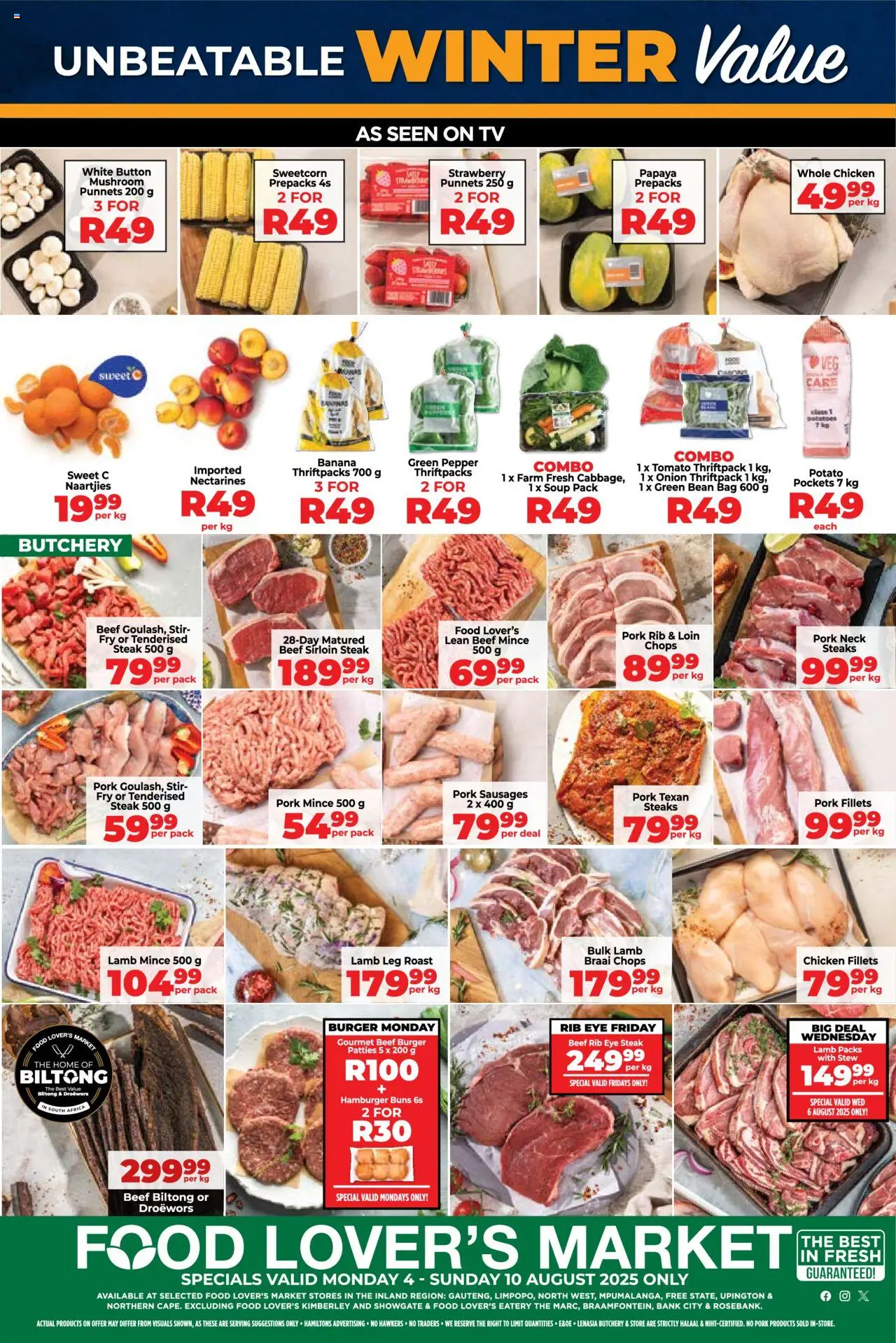 Food Lover's Market Inland Provinces - Weekly Specials from 04/08 - 10/08/2025 > Promotions - TV, Potatoes, Steak, Soup, Onion, Beef, Pepper, Pork neck