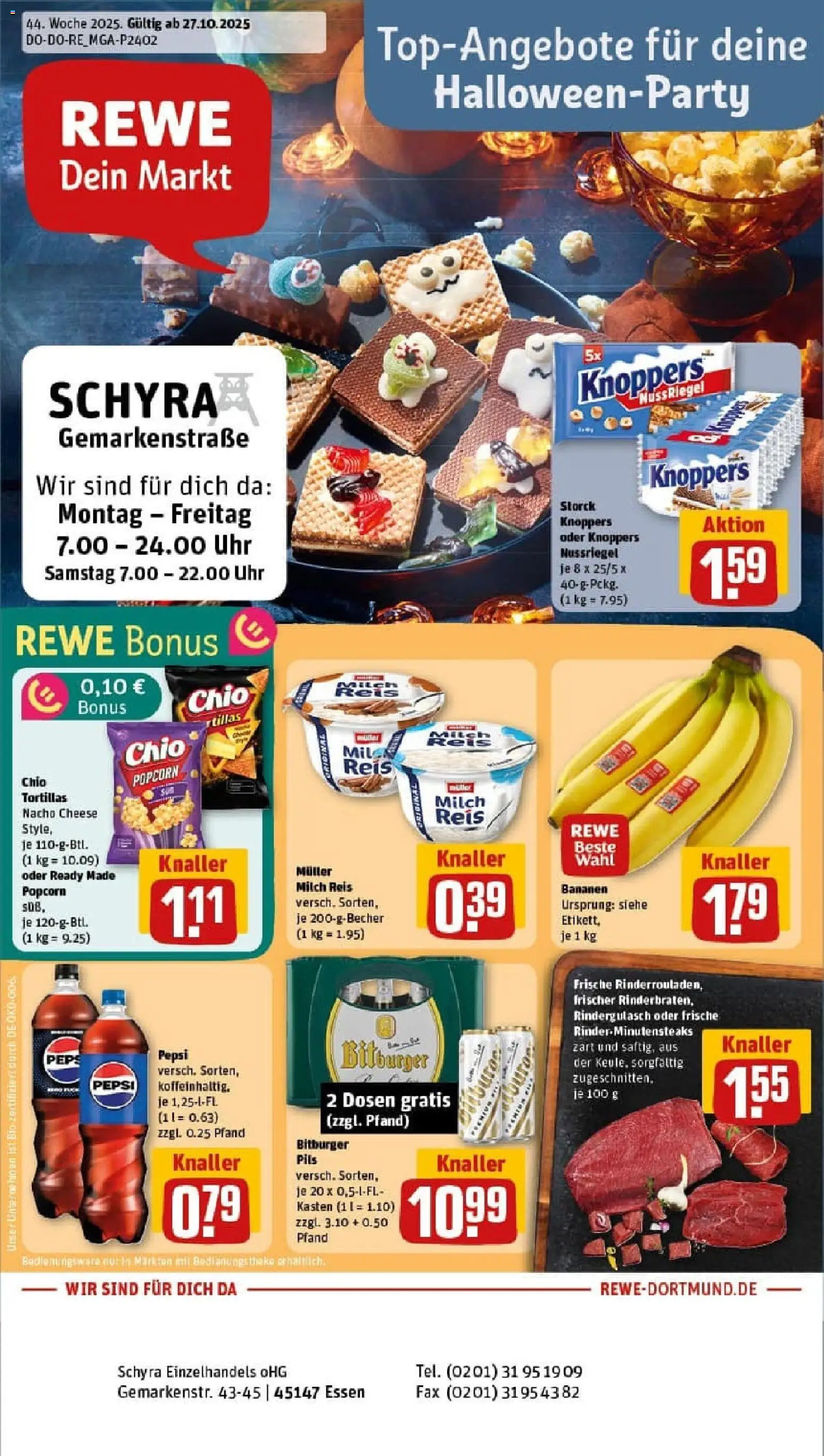 Vorschau von dem Prospekt des Geschäftes Rewe, gültig ab dem 26.10.2025 - Bananen, Milch, Reis, Popcorn, Knoppers, Bitburger, Pils, Chio tortillas