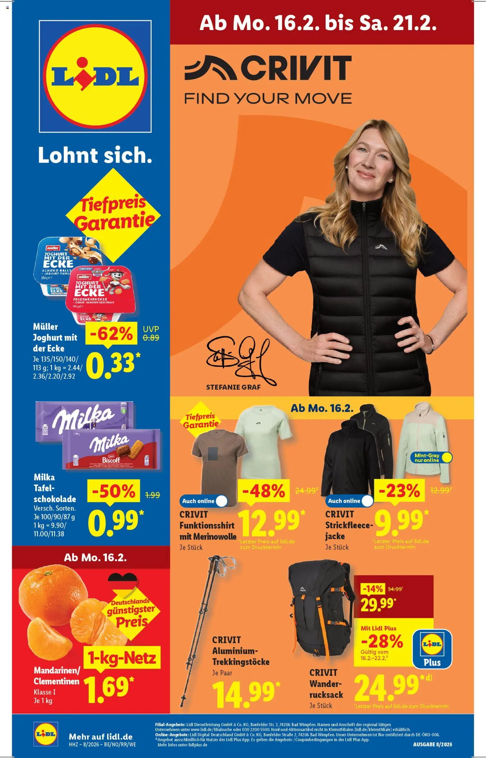 Vorschau von dem Prospekt des Geschäftes Lidl, gültig ab dem 16.02.2026 - Schokolade, Rucksack, Bad, Joghurt, Milka, Jacke