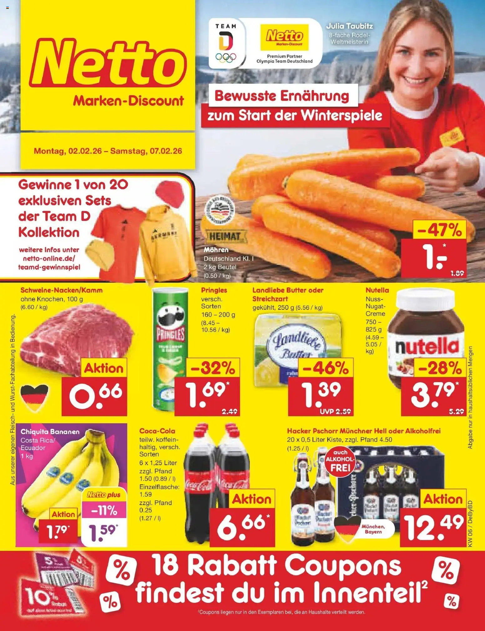 Vorschau von dem Prospekt des Geschäftes Netto Marken-Discount, gültig ab dem 02.02.2026 - Butter, Nutella, Bananen, Fleisch, Pringles, Creme, Mohren, Landliebe butter