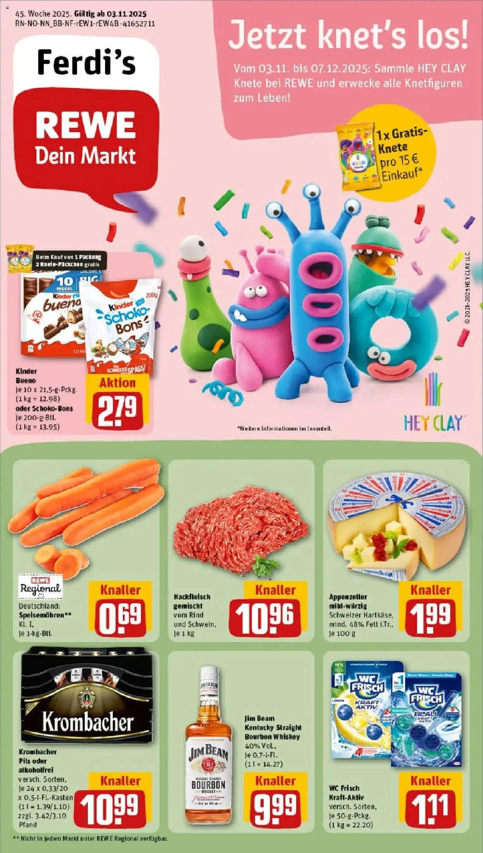 Vorschau von dem Prospekt des Geschäftes Rewe, gültig ab dem 02.11.2025 - Krombacher, Hackfleisch, Whiskey, Jim beam, Kinder bueno, Bourbon, Pils, Wc frisch