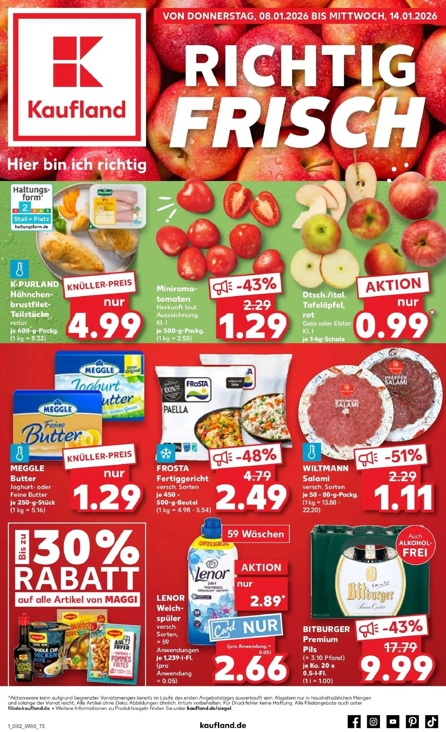 Vorschau von dem Prospekt des Geschäftes Kaufland, gültig ab dem 08.01.2026 - Joghurt, Pommes, Alkohol, Frosta, Salami, Tomaten, Pils, Meggle butter
