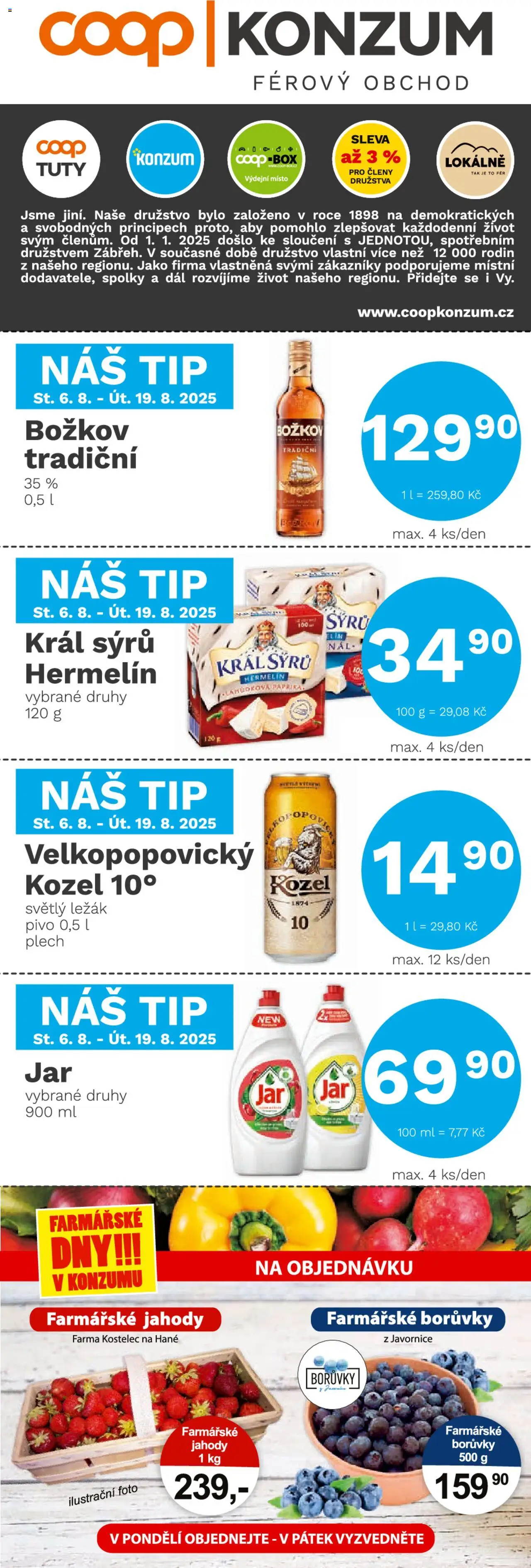  Konzum Leták (06.08.2025 - 19.08.2025) - Paprika, Box, Kozel, Hermelín, Jahody, Božkov, Plech, Velkopopovický Kozel