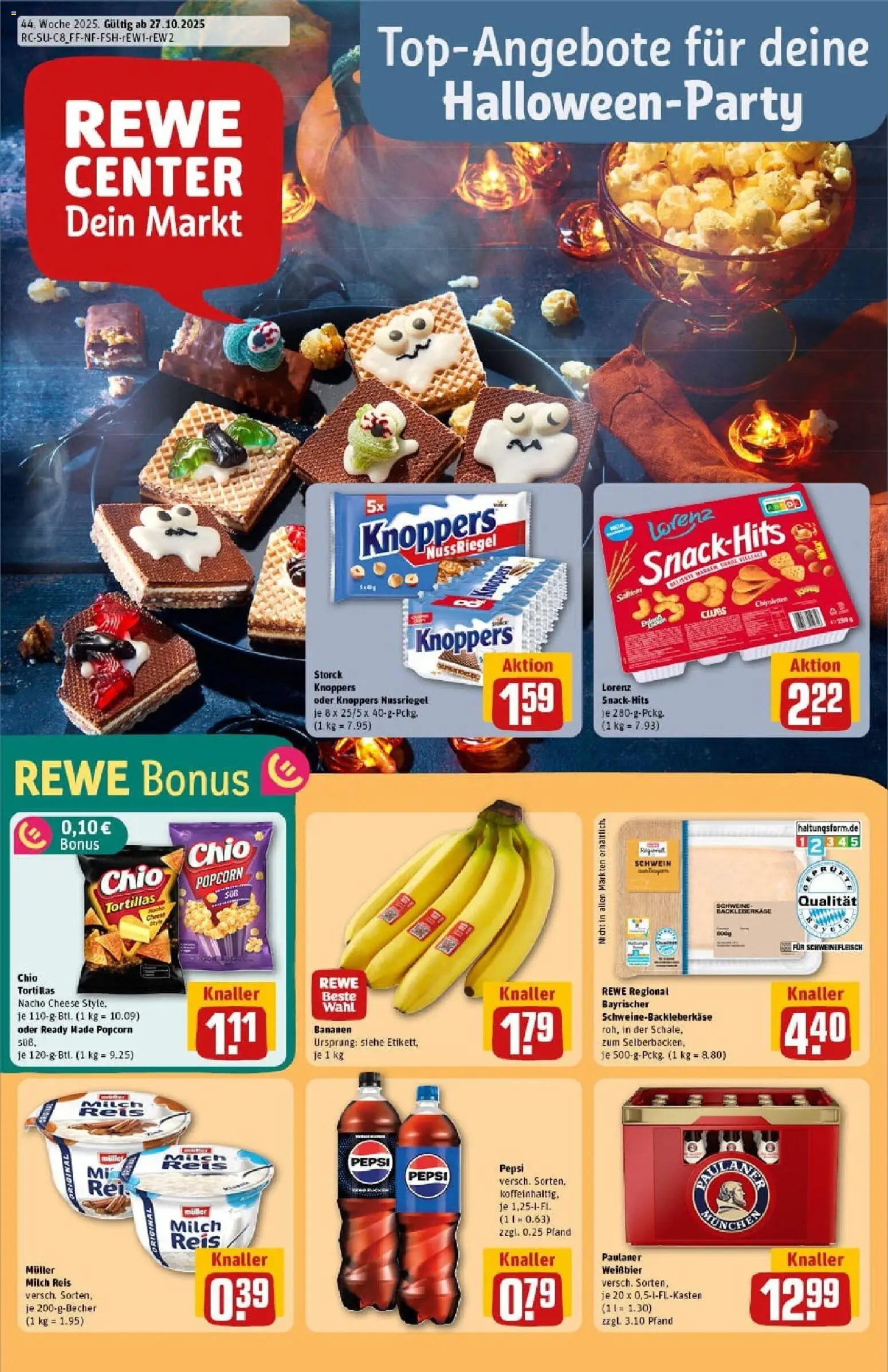 Vorschau von dem Prospekt des Geschäftes Rewe, gültig ab dem 26.10.2025 - Bananen, Milch, Popcorn, Paulaner, Pepsi, Schweinefleisch, Weißbier, Chio tortillas