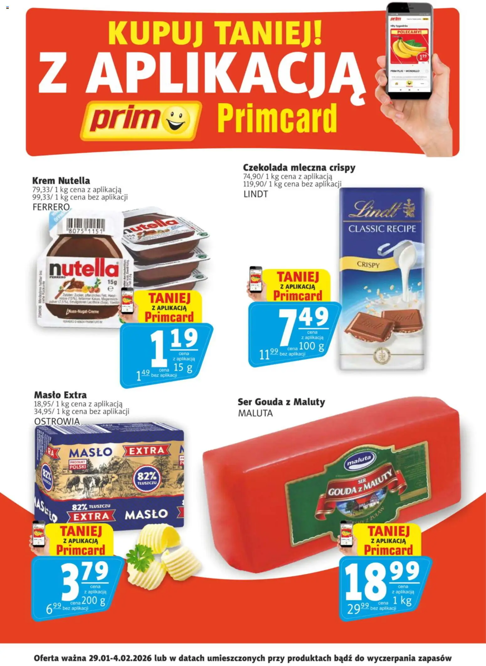 Pogląd gazetki "Promocje Primcard" ze sklepu Prim Market ważnej od 29.01.2026 - Masło, Lindt, Nutella, Ser, Krem, Ser gouda, Czekolada mleczna, Masło extra