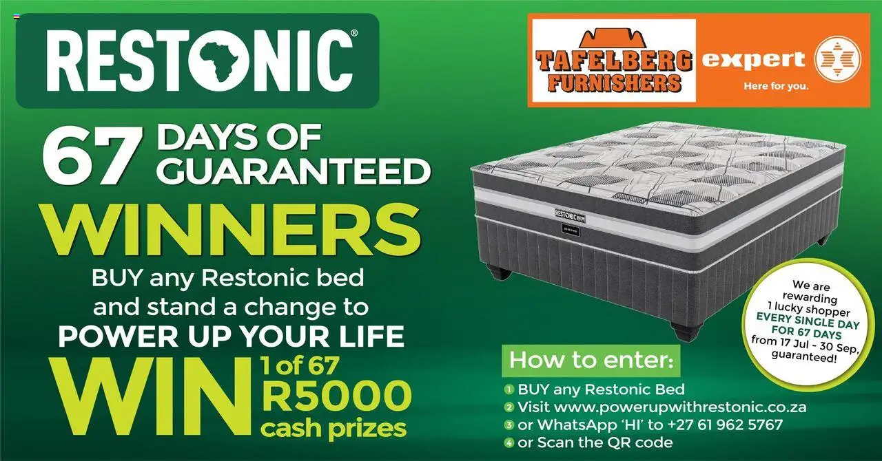 Tafelberg Furnishers Restonic Promotion from 17/07 - 30/09/2025 > Promotions