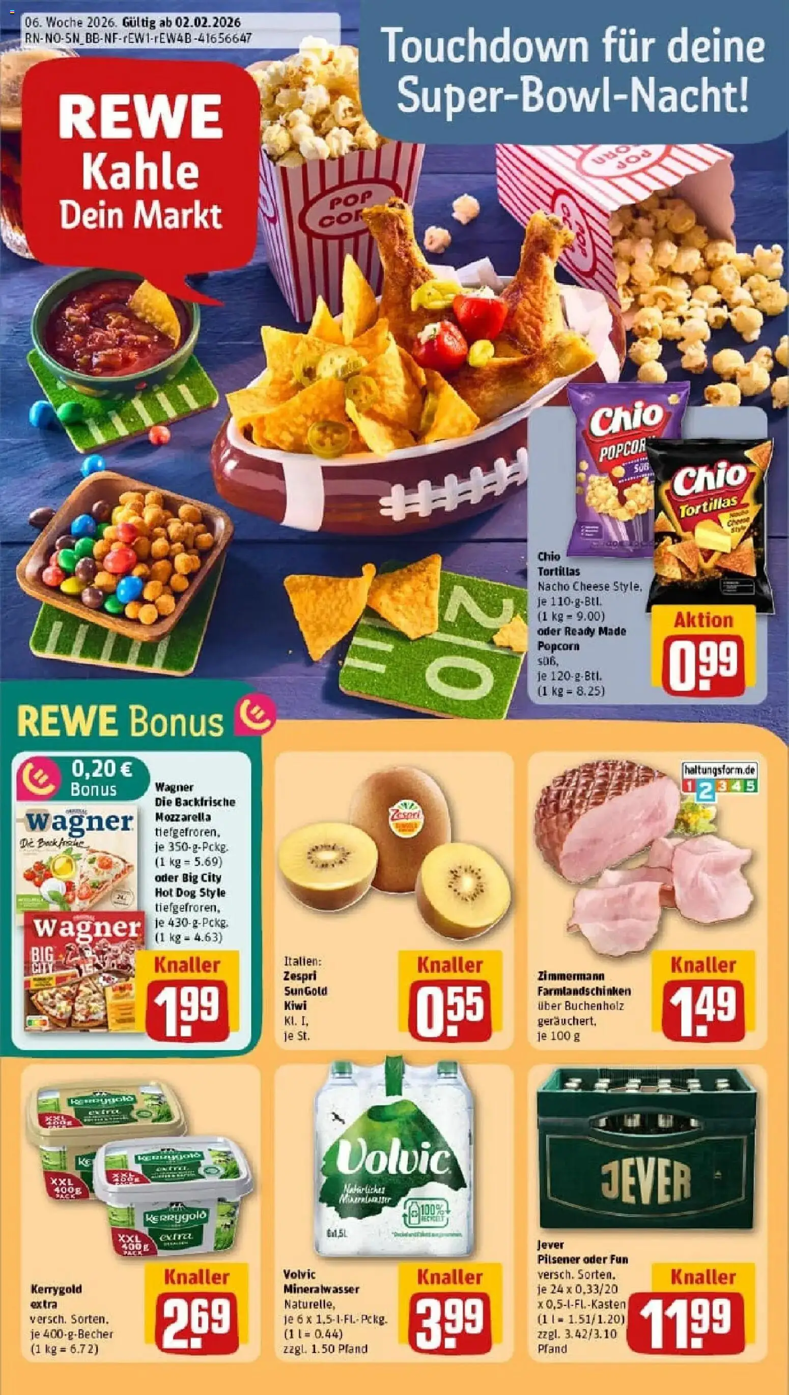 Vorschau von dem Prospekt des Geschäftes Rewe, gültig ab dem 02.02.2026 - Pizza, Tortillas, Mozzarella, Mineralwasser, Jever, Popcorn, Volvic, Chio tortillas