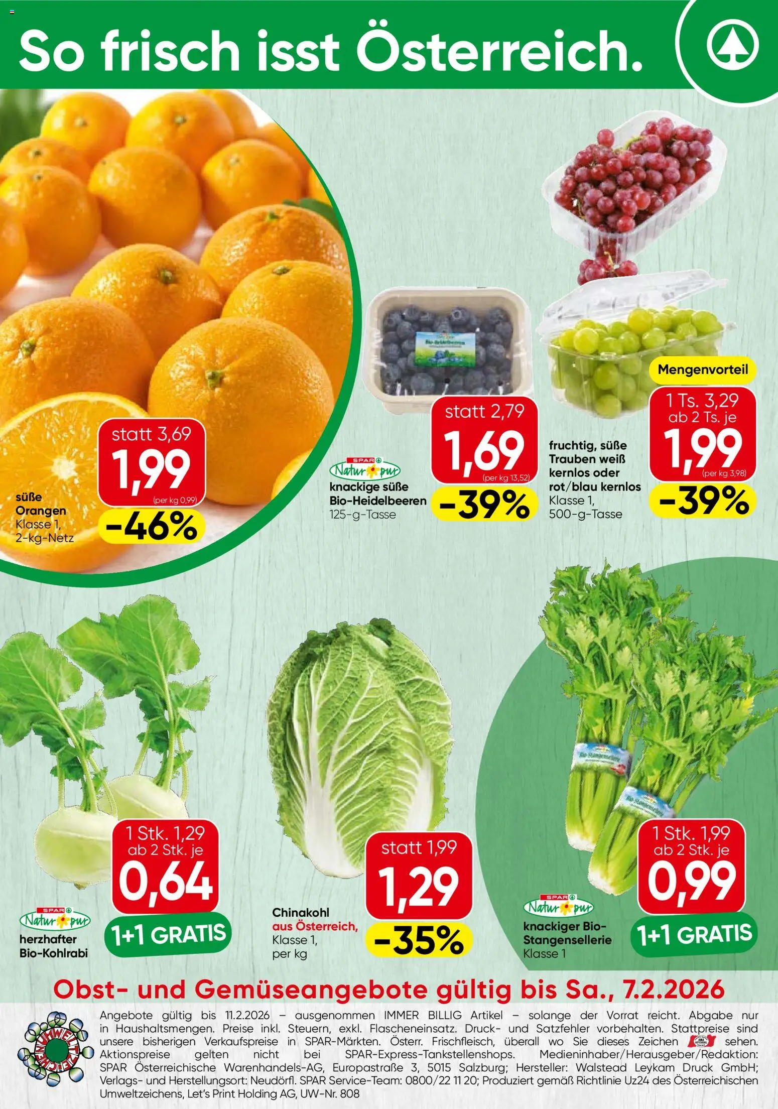 Vorschau der Angebote: Spar Vorarlberg Obst & Gemüse gültig ab 02.02.2026 - Chinakohl, Obst, Orangen