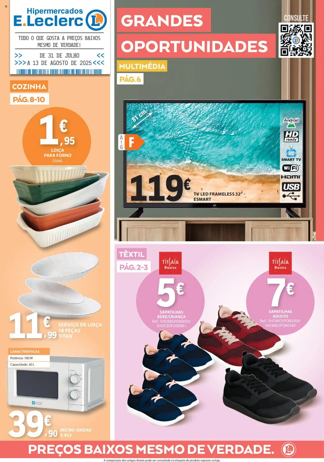 E.Leclerc Folheto de 31/07/2025 - catálogo esta semana - página 1 - Microondas, Sapatilhas, Forno, Tv led