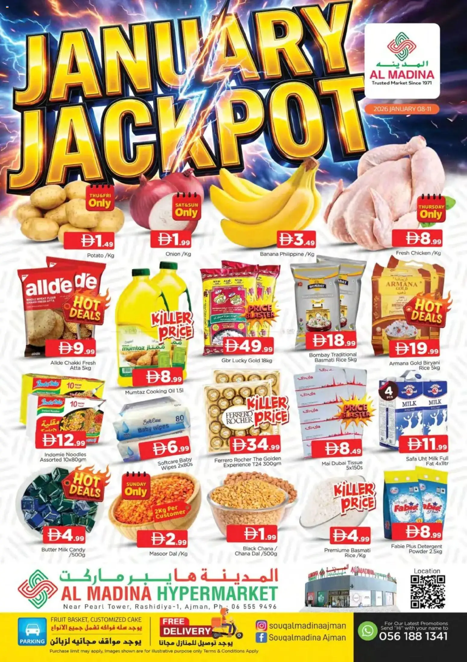 Preview of the catalogue January Jackpot - Rashidiya, Ajman of store Al Madina valid from 8 Jan, 2026 - Chicken, Noodles, Milk, Butter, Oil, Rice, Flour, Hat