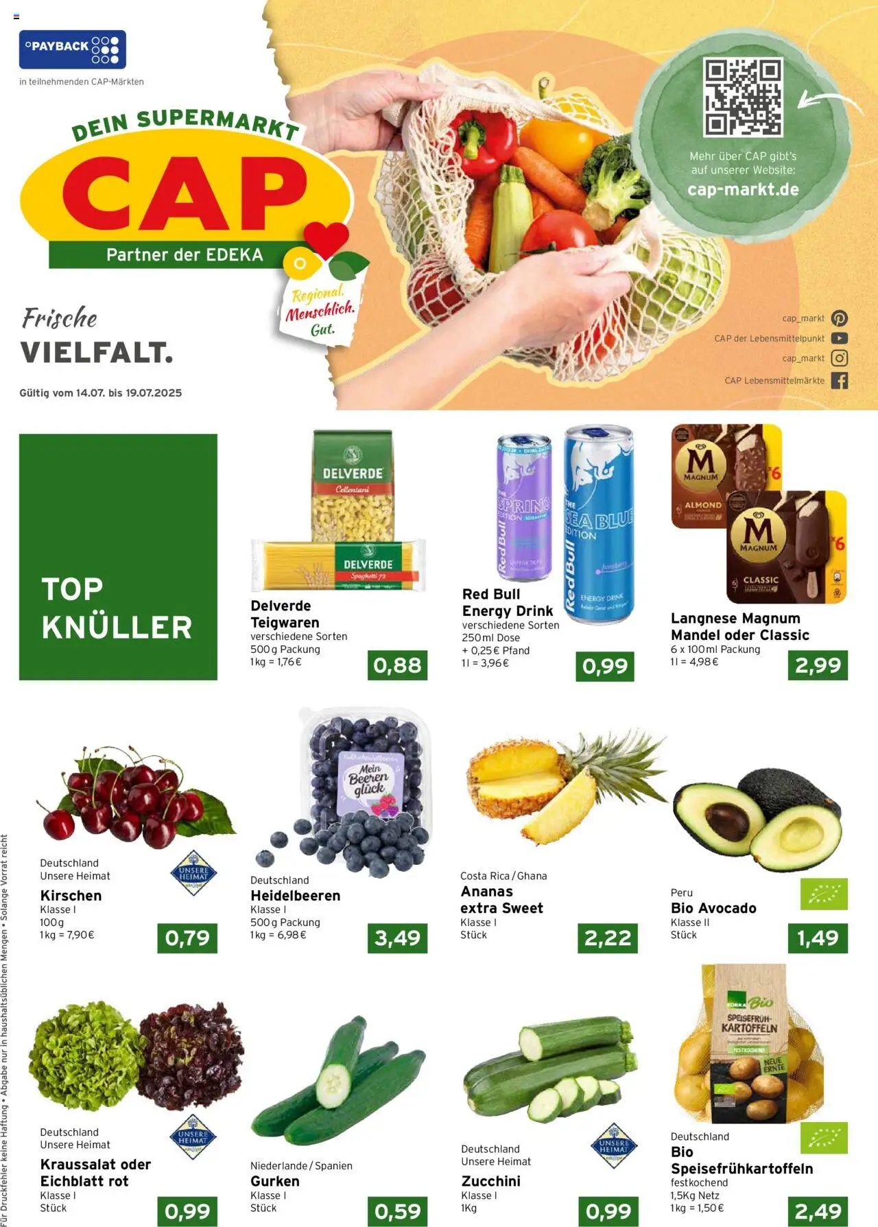 CAP Markt Prospekt (vom 14.07.2025 - 19.07.2025) - Red bull, Zucchini, Spaghetti, Ananas, Kirschen, Gurken, Energy, Langnese